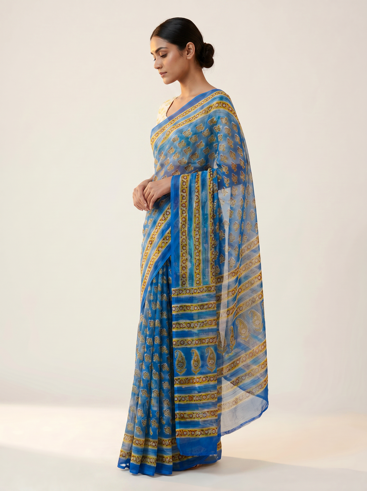 Pure Double Diamond Chiffon Saree | Royal Blue + Honey Yellow Bagru Handblock Ajrakh Print | Natural Dye | Nazakat image 2