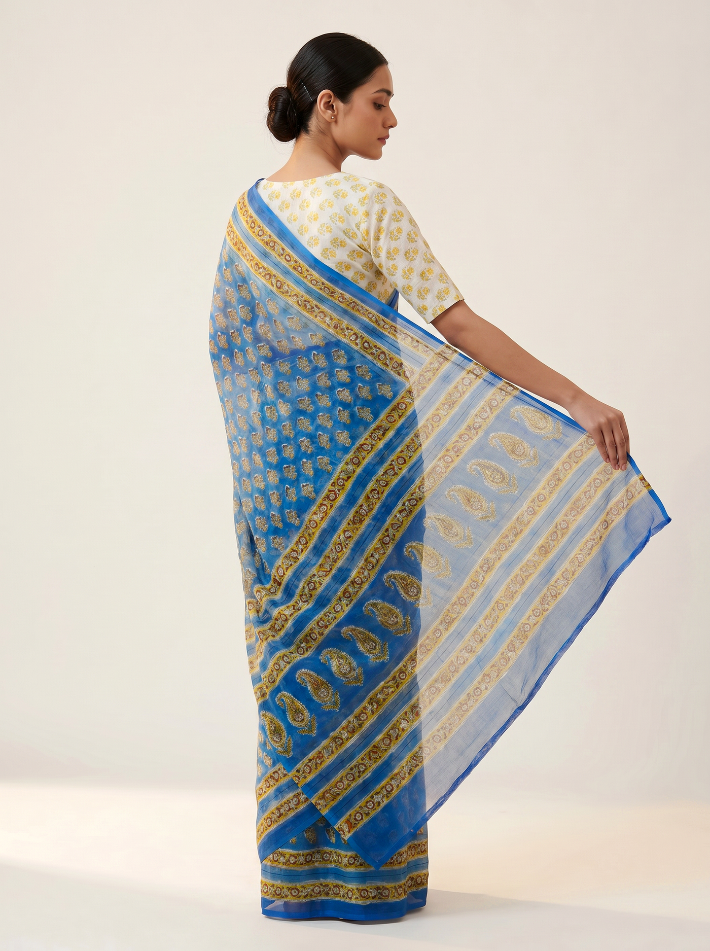 Pure Double Diamond Chiffon Saree | Royal Blue + Honey Yellow Bagru Handblock Ajrakh Print | Natural Dye | Nazakat image 4