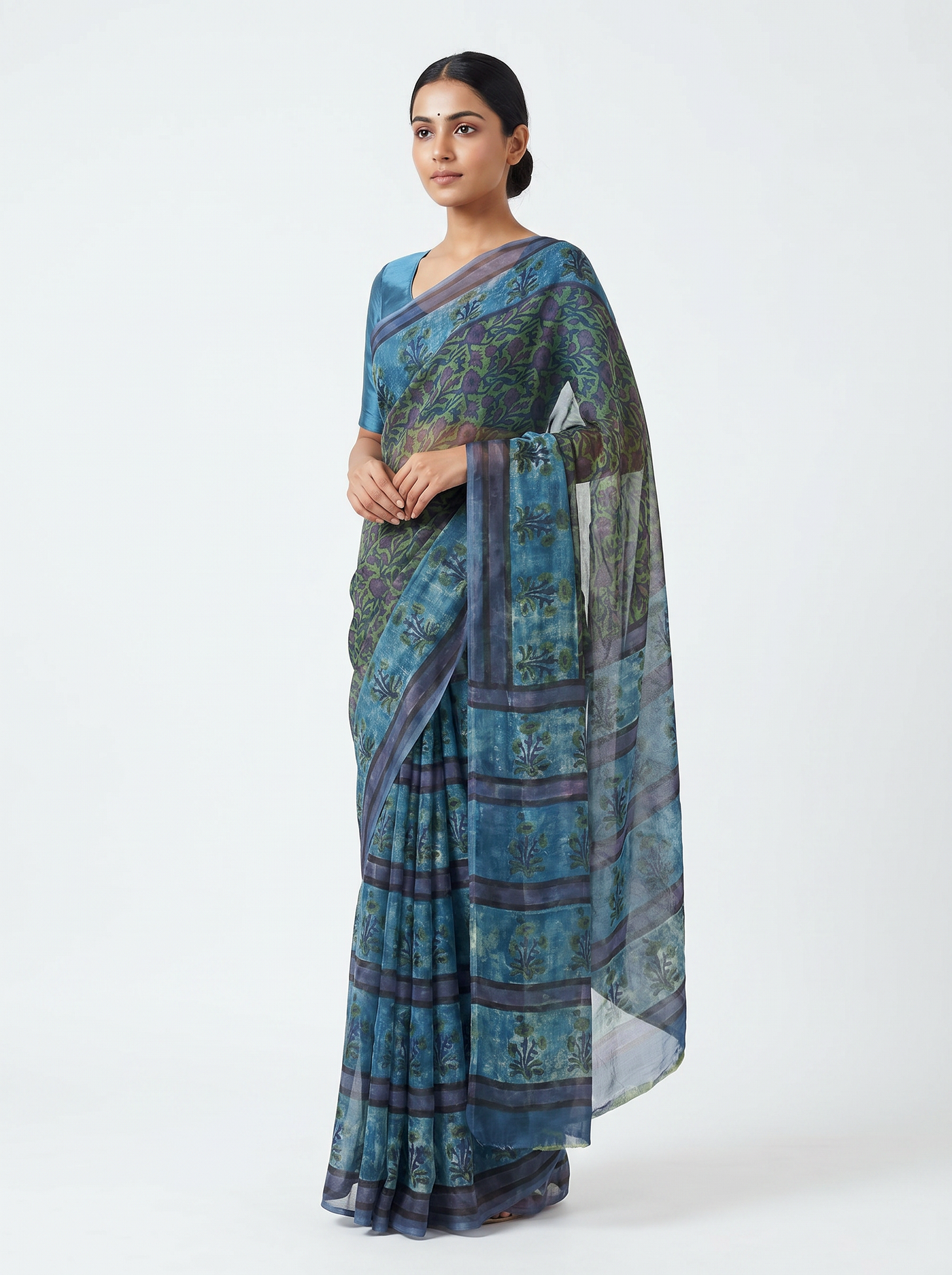 Sky Blue pure double diamond chiffon saree with Bagru Ajrakh print
