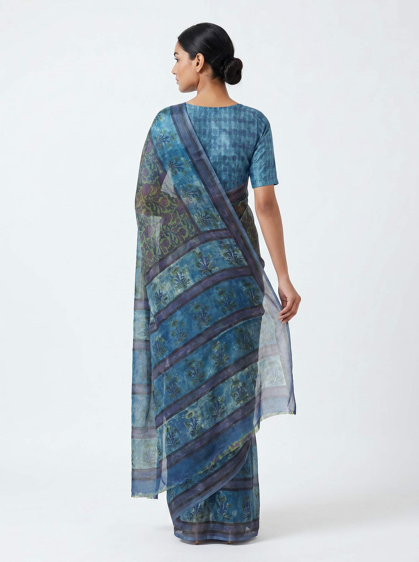 Pure Double Diamond Chiffon Saree | Sky Blue Bagru Handblock Ajrakh Self Design | Natural Dye | Nazakat | Design 2 image 3