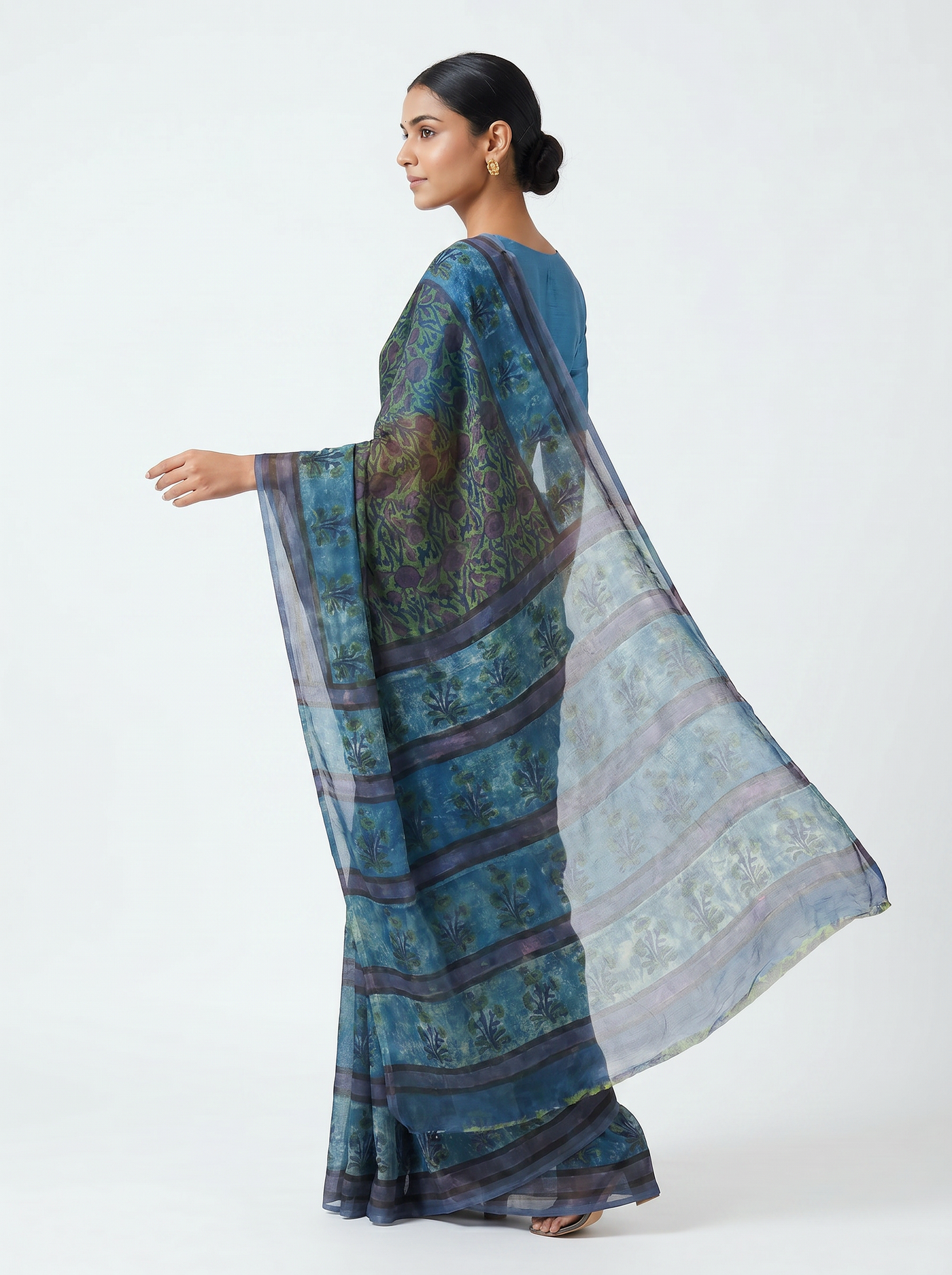 Pure Double Diamond Chiffon Saree | Sky Blue Bagru Handblock Ajrakh Self Design | Natural Dye | Nazakat | Design 2 image 4
