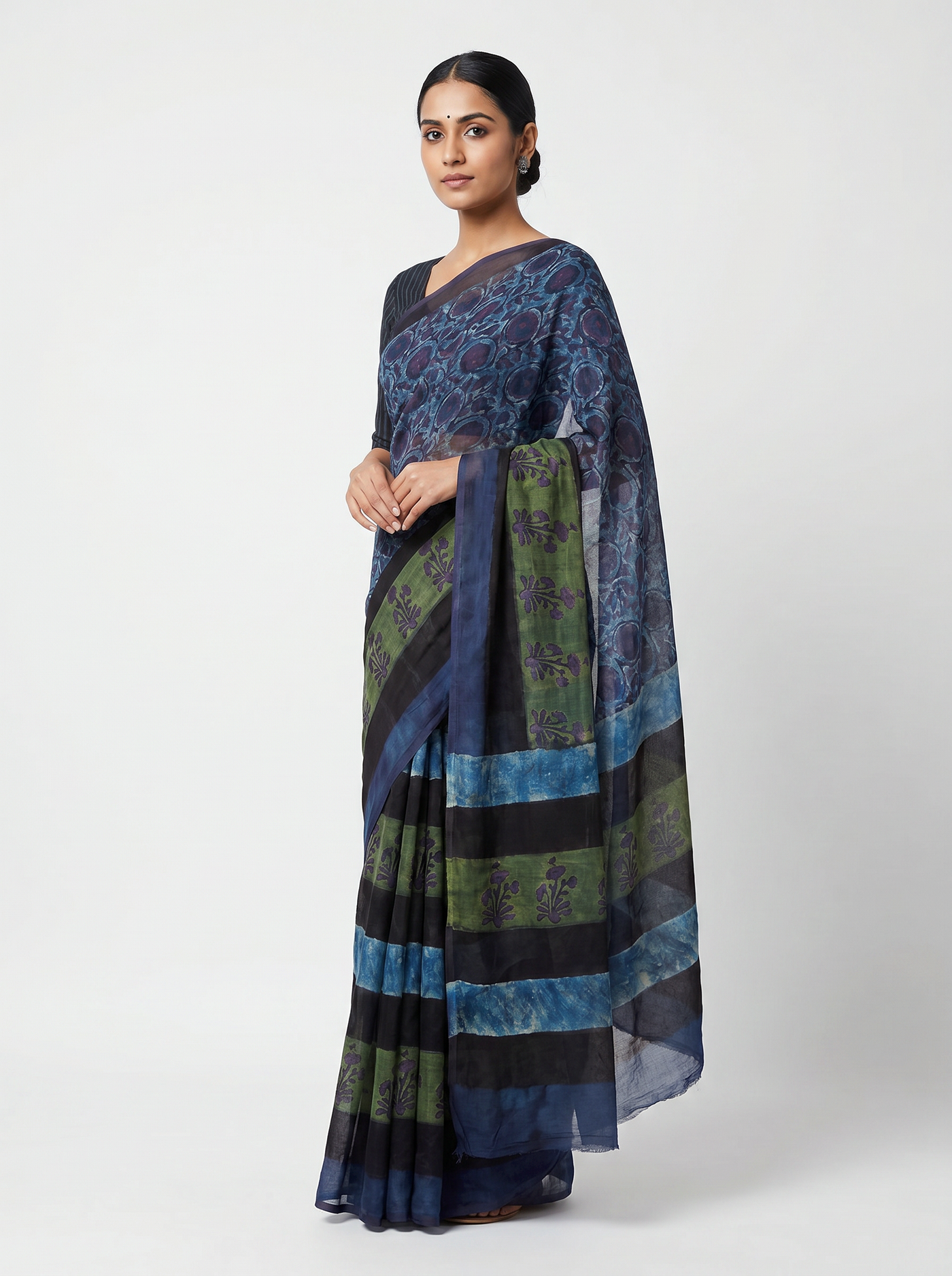 Sage Green + Sky Blue + Grey pure double diamond chiffon saree with Bagru Ajrakh print