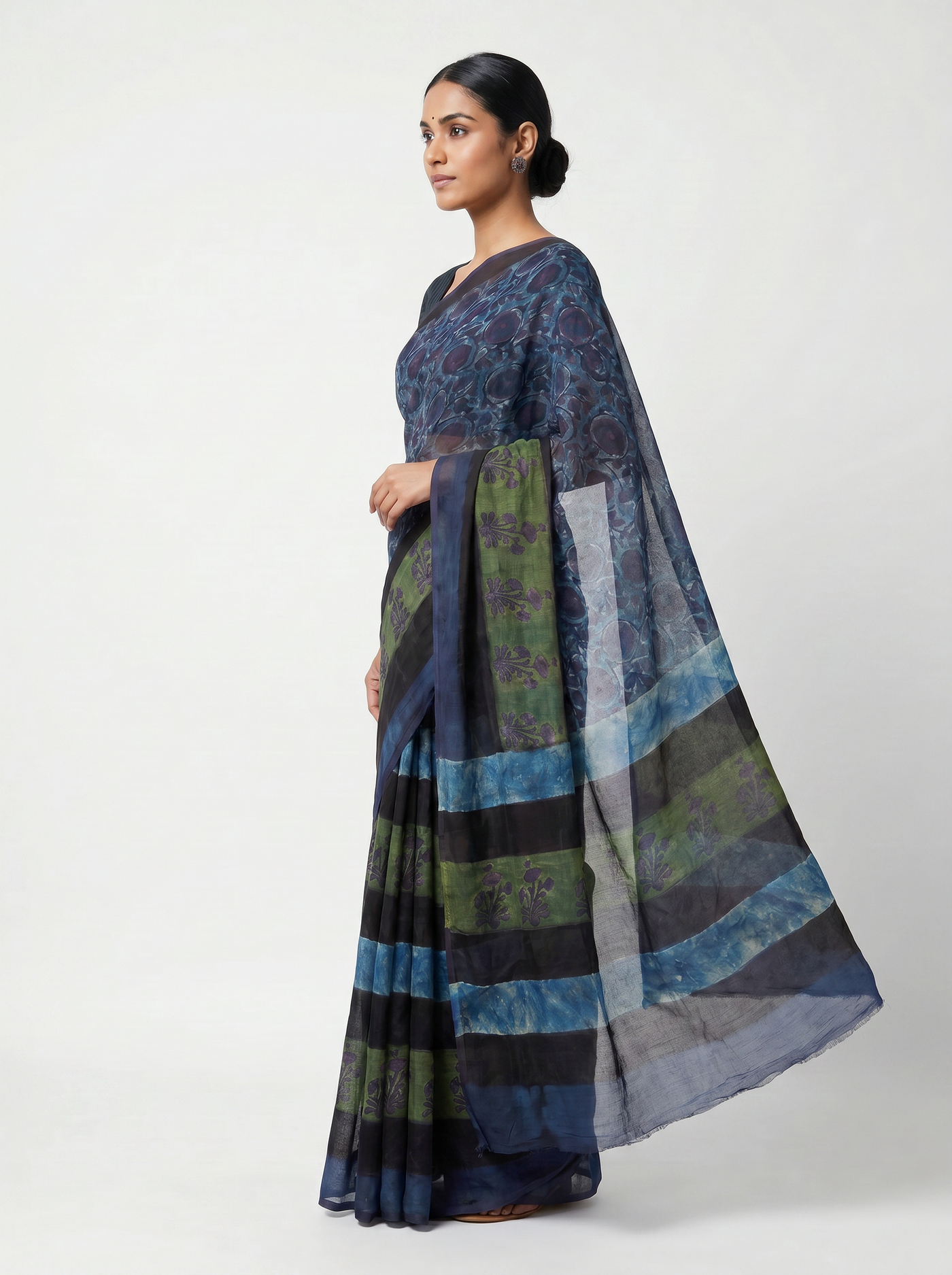 Pure Double Diamond Chiffon Saree | Sage Green + Sky Blue + Grey Bagru Handblock Ajrakh Print | Natural Dye | Nazakat image 2