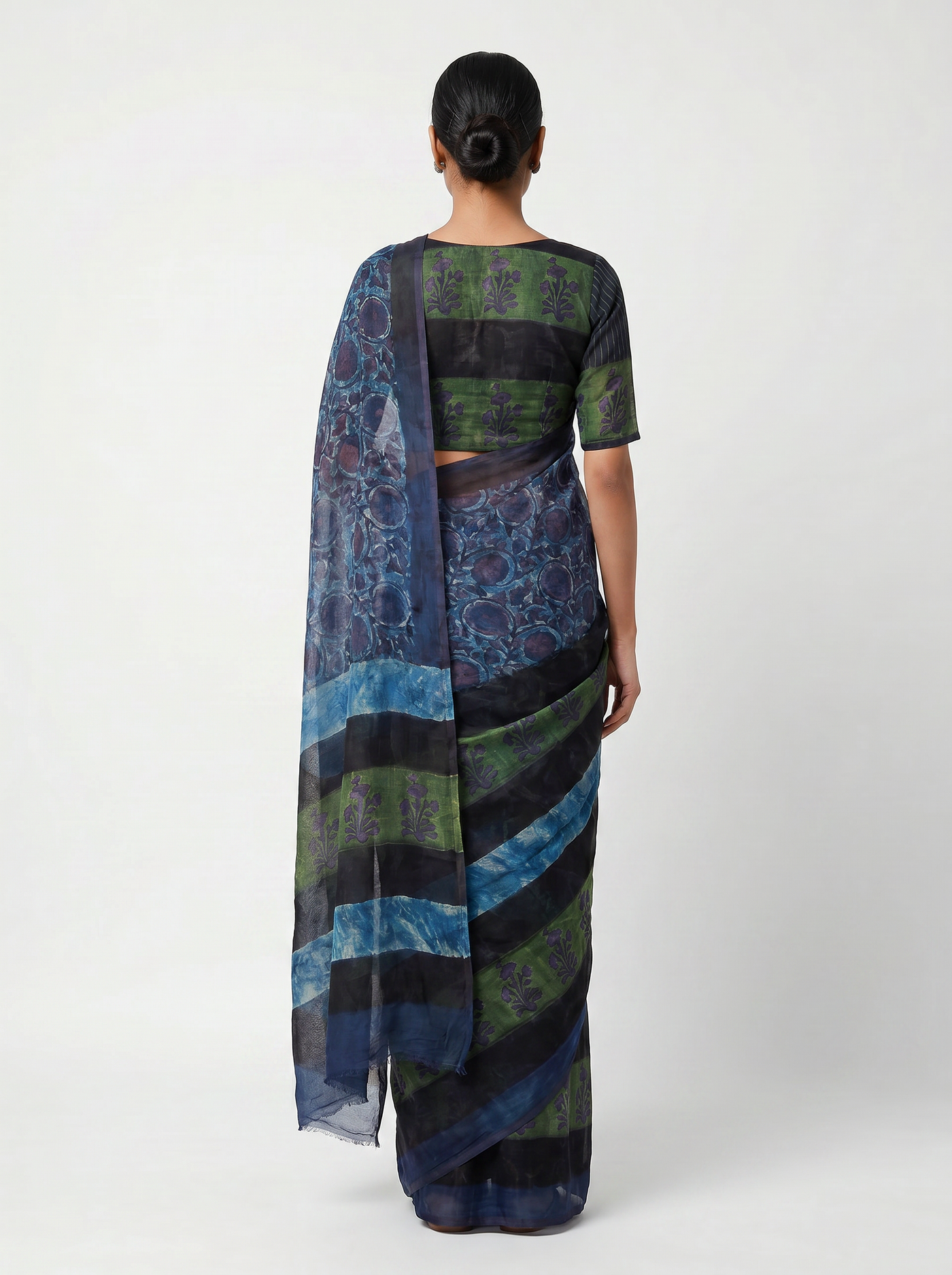 Pure Double Diamond Chiffon Saree | Sage Green + Sky Blue + Grey Bagru Handblock Ajrakh Print | Natural Dye | Nazakat image 3