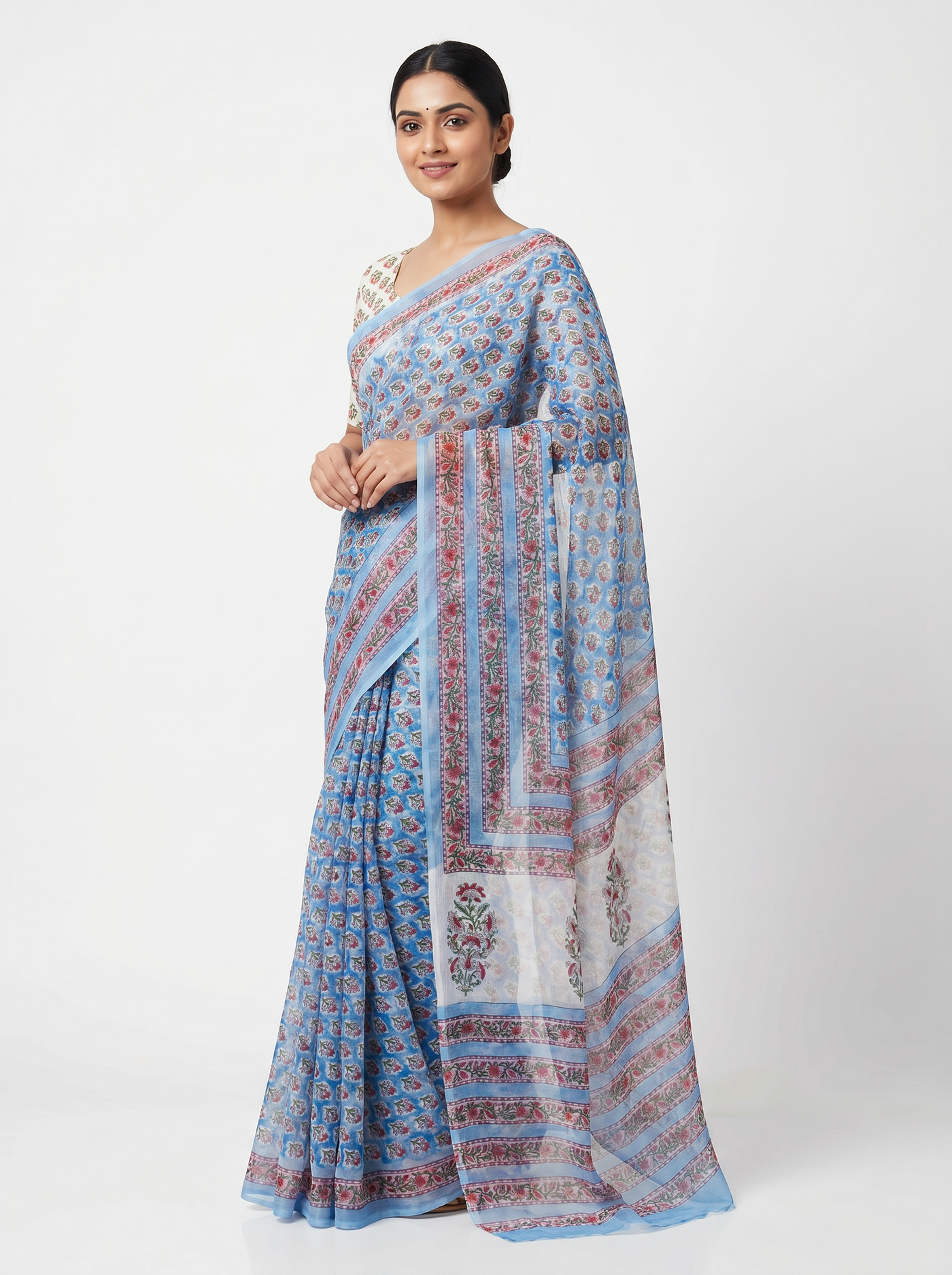 Deep Red + Off White + Teal Blue pure double diamond chiffon saree with Bagru Ajrakh print