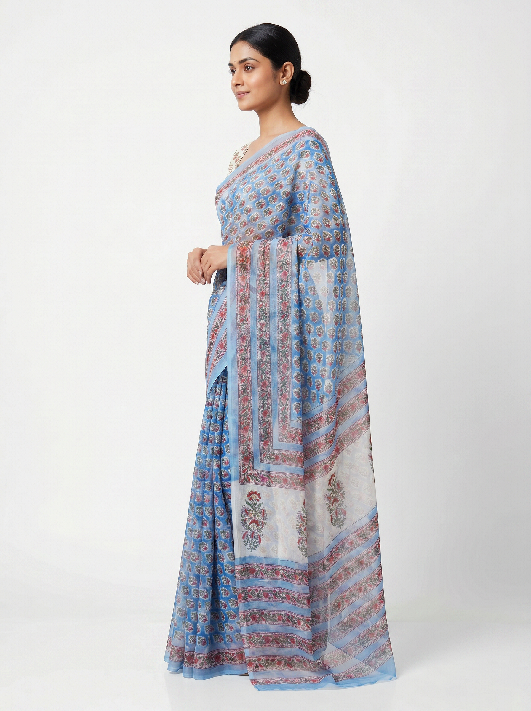 Pure Double Diamond Chiffon Saree | Deep Red + Off White + Teal Blue Bagru Handblock Ajrakh Print | Natural Dye | Nazakat | Design 2 image 2