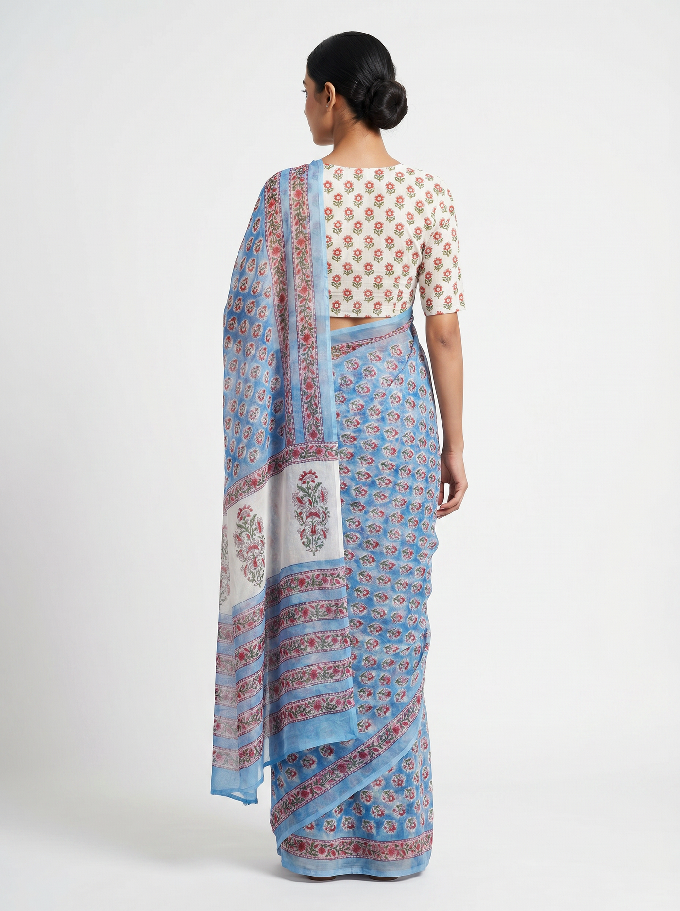 Pure Double Diamond Chiffon Saree | Deep Red + Off White + Teal Blue Bagru Handblock Ajrakh Print | Natural Dye | Nazakat | Design 2 image 3