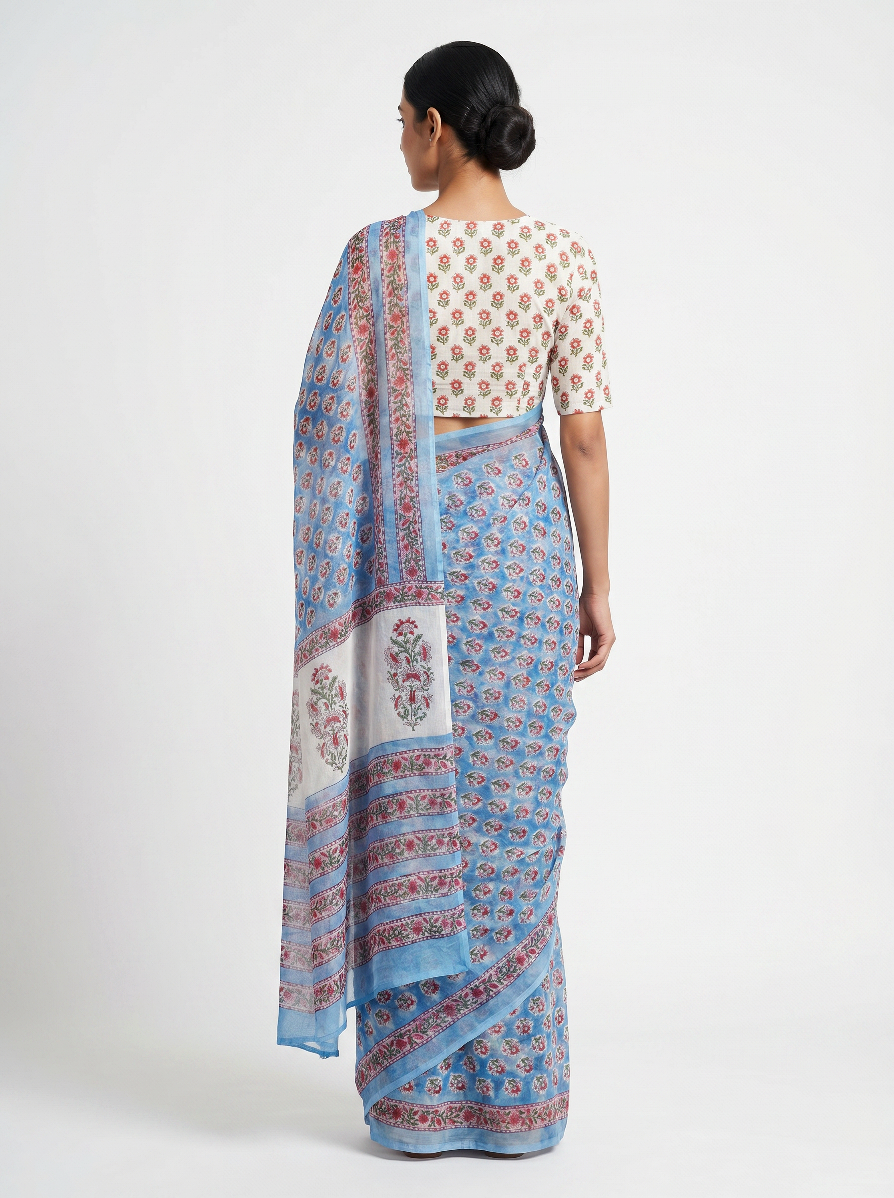 Pure Double Diamond Chiffon Saree | Deep Red + Off White + Teal Blue Bagru Handblock Ajrakh Print | Natural Dye | Nazakat | Design 2 image 3