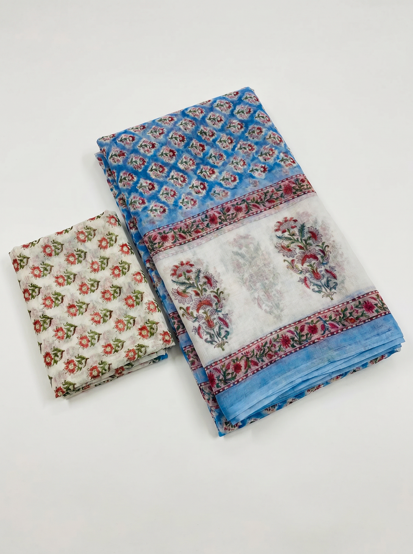Pure Double Diamond Chiffon Saree | Deep Red + Off White + Teal Blue Bagru Handblock Ajrakh Print | Natural Dye | Nazakat | Design 2 image 5