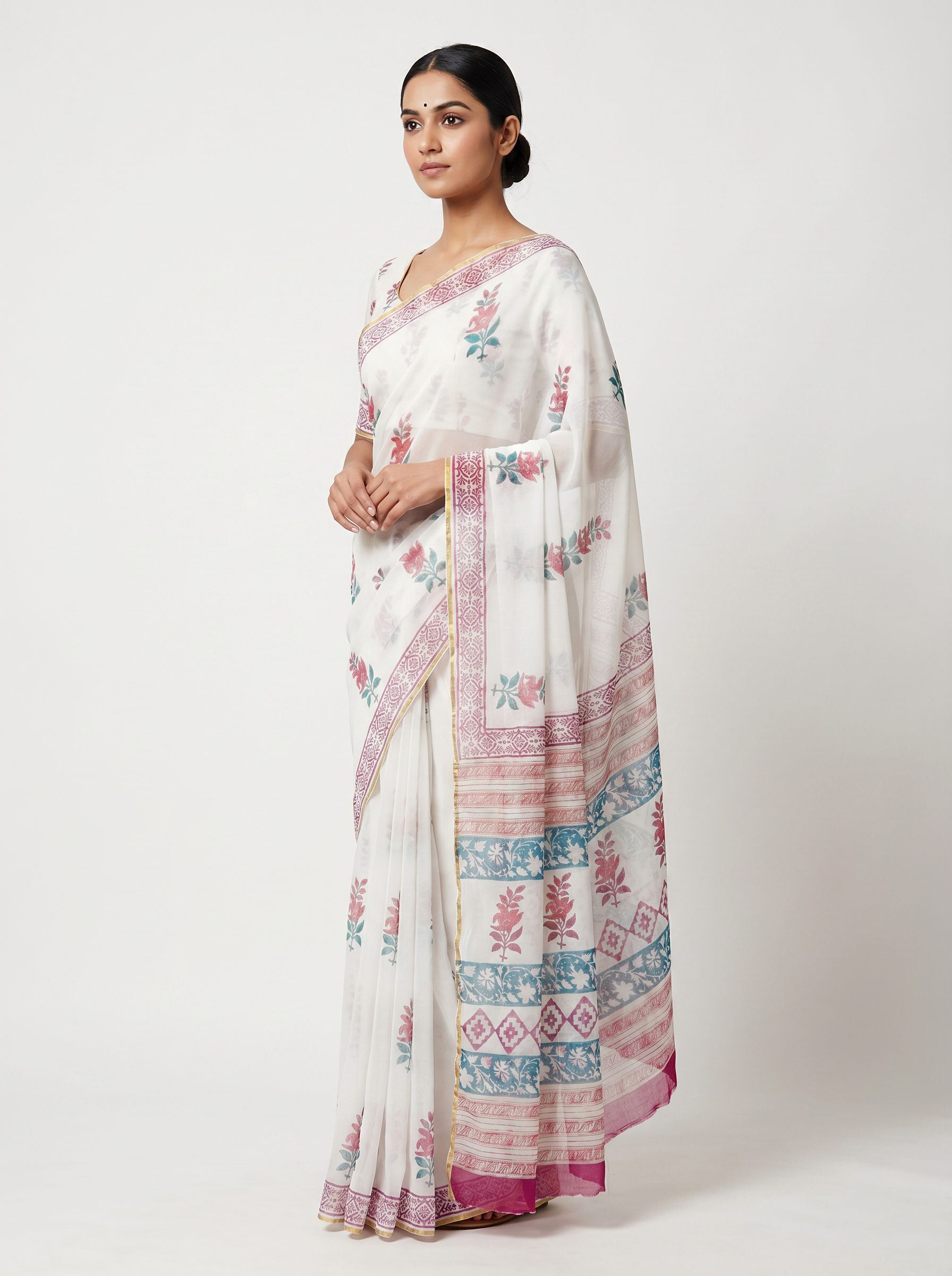 Deep Red + Off White + Teal Blue pure double diamond chiffon saree with Bagru Ajrakh print