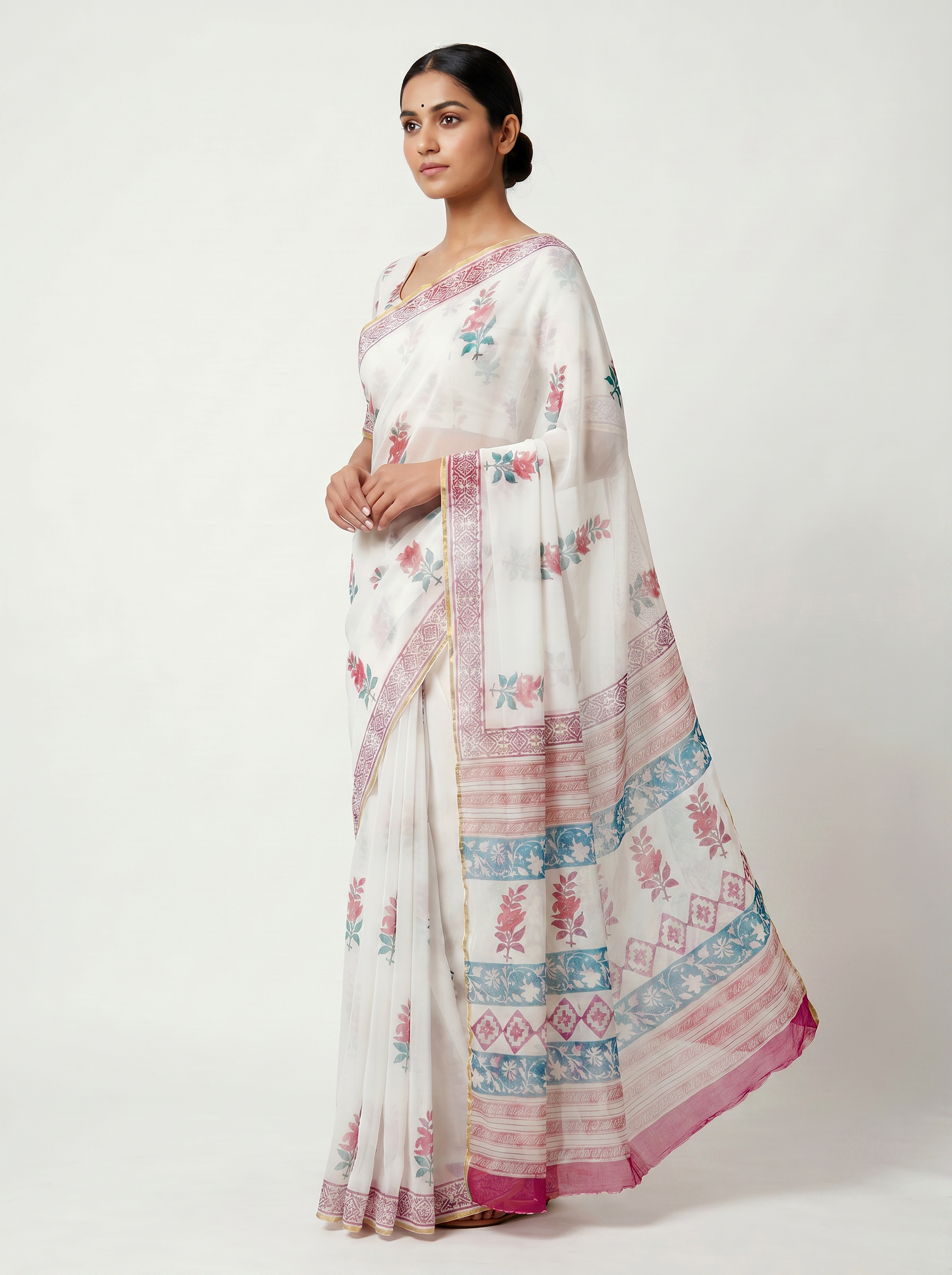 Pure Double Diamond Chiffon Saree | Deep Red + Off White + Teal Blue Bagru Handblock Ajrakh Print | Natural Dye | Nazakat image 2