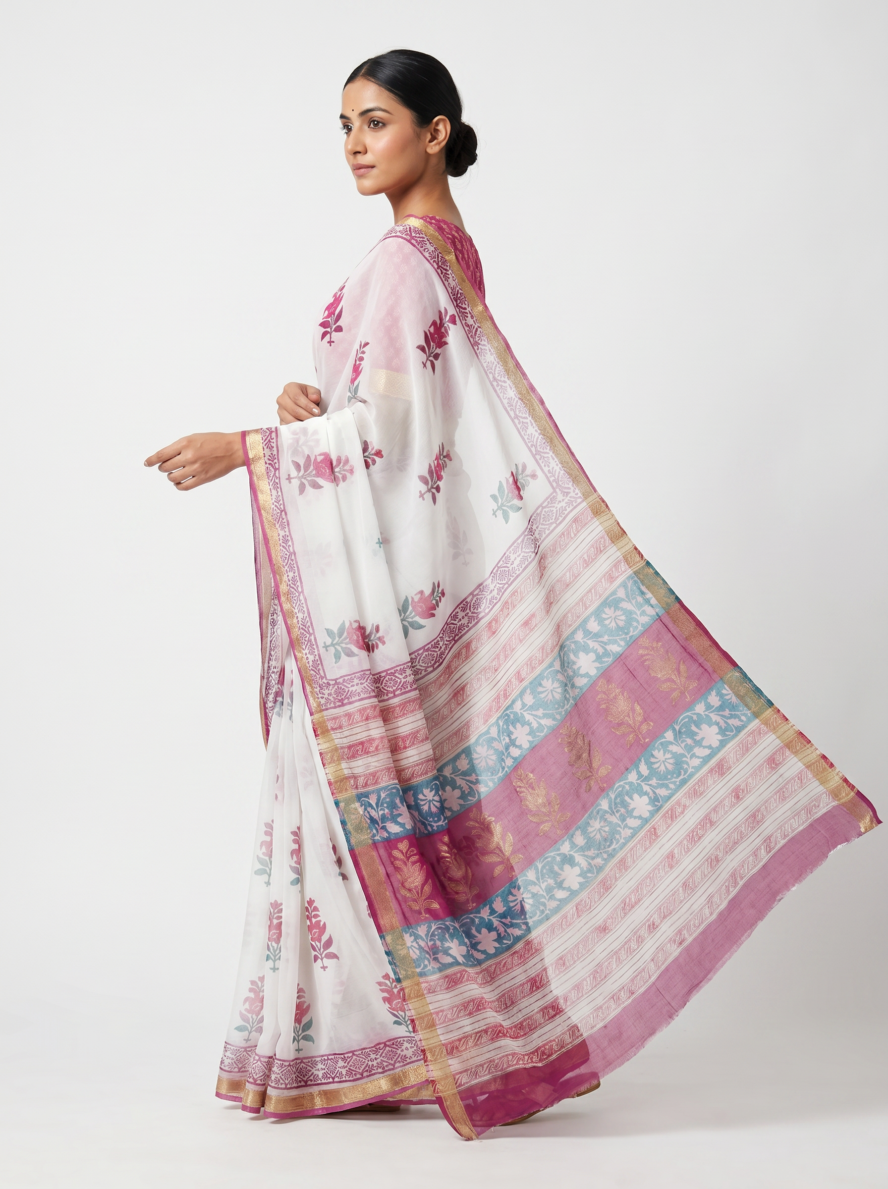 Pure Double Diamond Chiffon Saree | Deep Red + Off White + Teal Blue Bagru Handblock Ajrakh Print | Natural Dye | Nazakat image 4