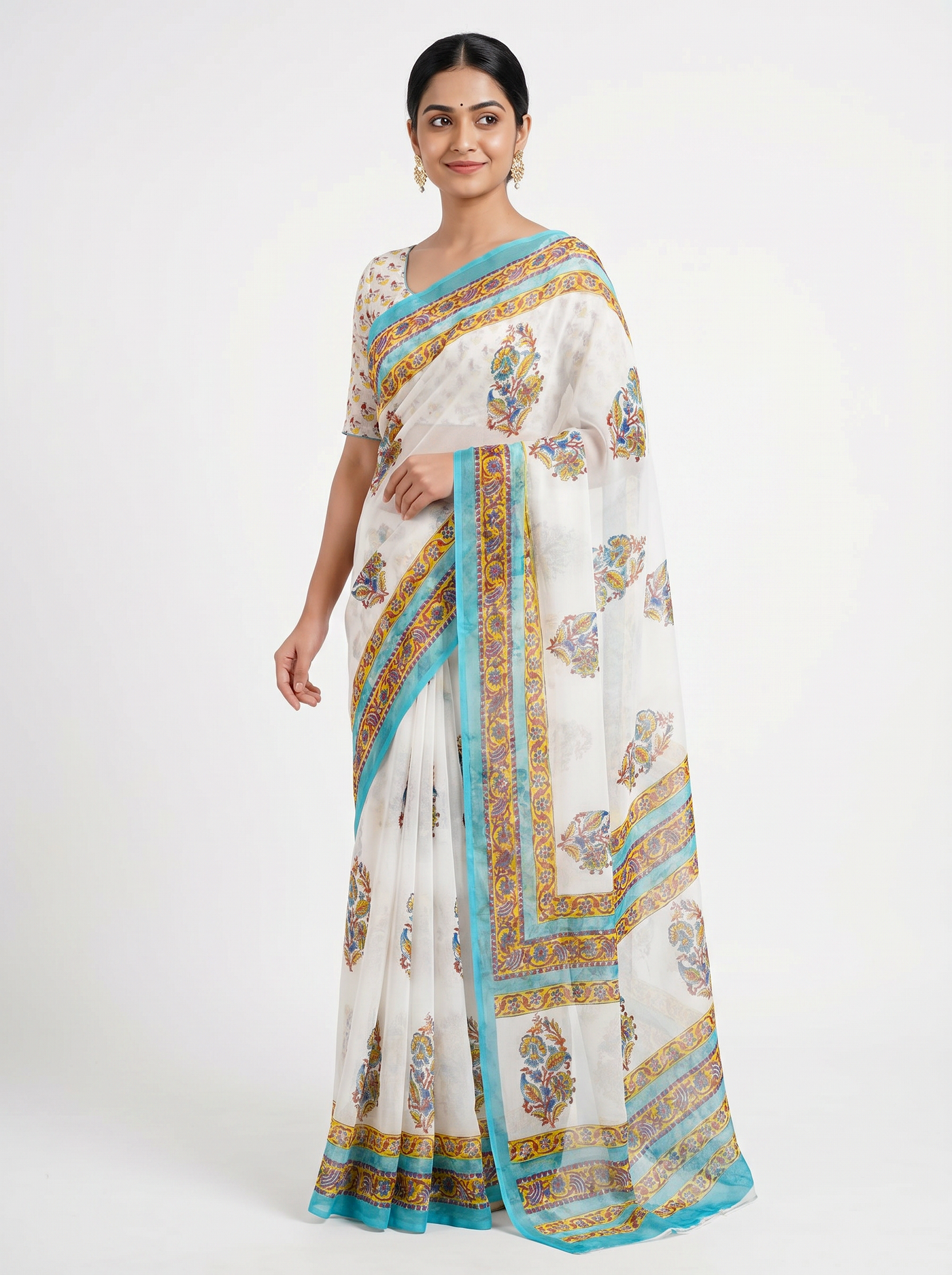 Off White + Teal Blue + Golden pure double diamond chiffon saree with Bagru Ajrakh print