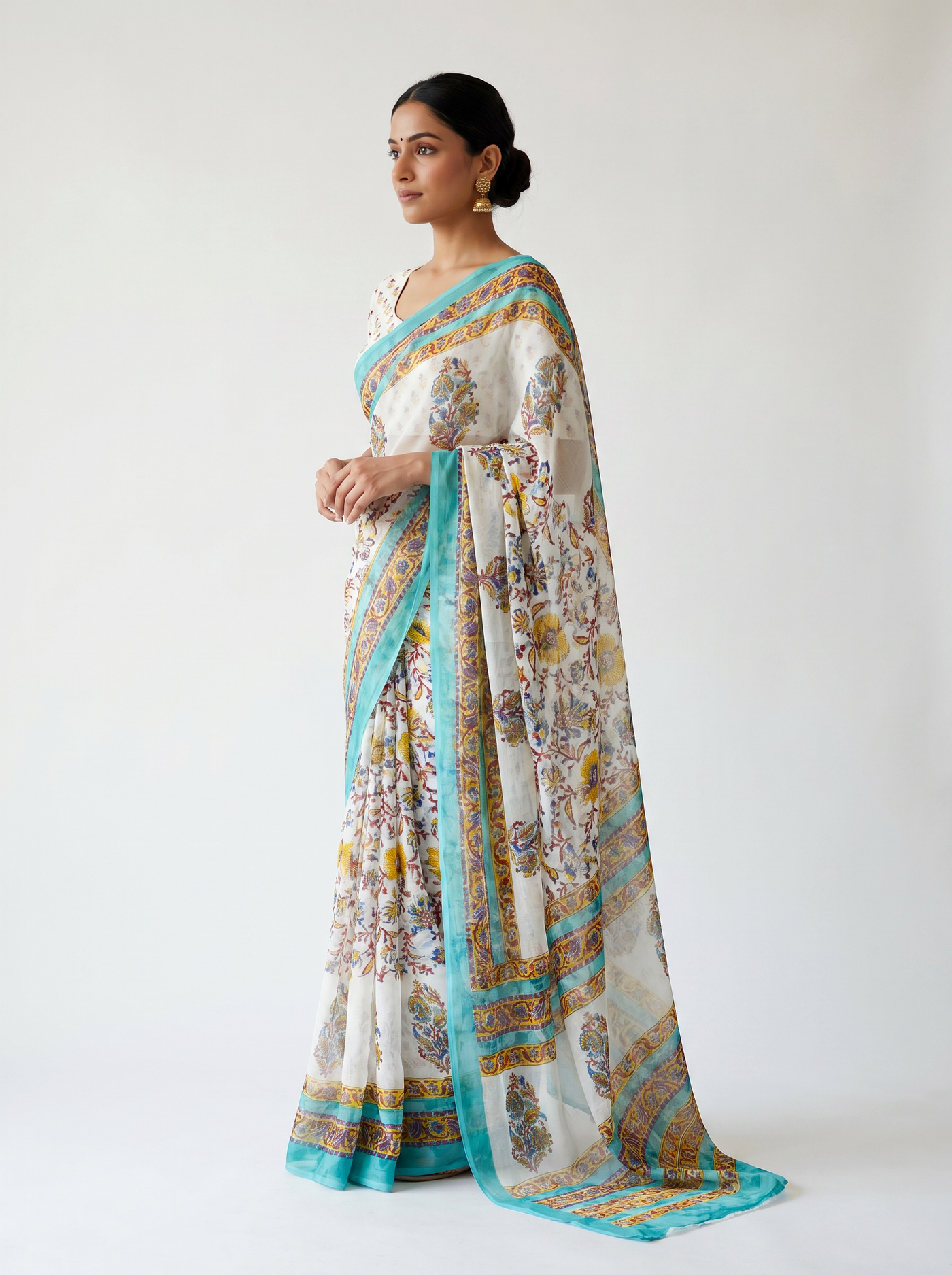 Pure Double Diamond Chiffon Saree | Off White + Teal Blue + Golden Bagru Handblock Ajrakh Golden Zari | Natural Dye | Nazakat image 2