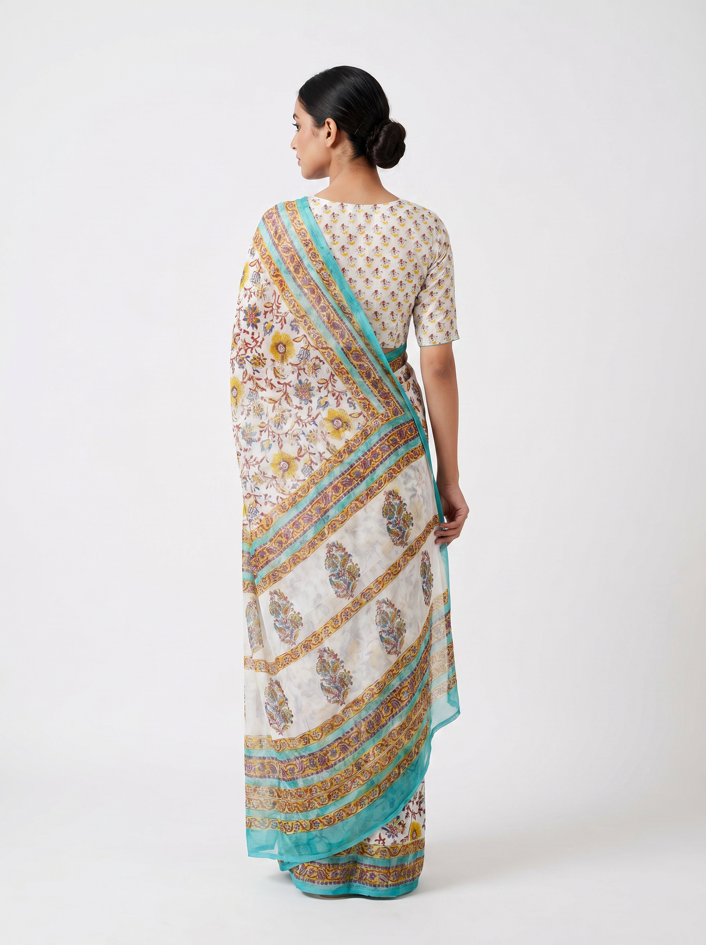 Pure Double Diamond Chiffon Saree | Off White + Teal Blue + Golden Bagru Handblock Ajrakh Golden Zari | Natural Dye | Nazakat image 3