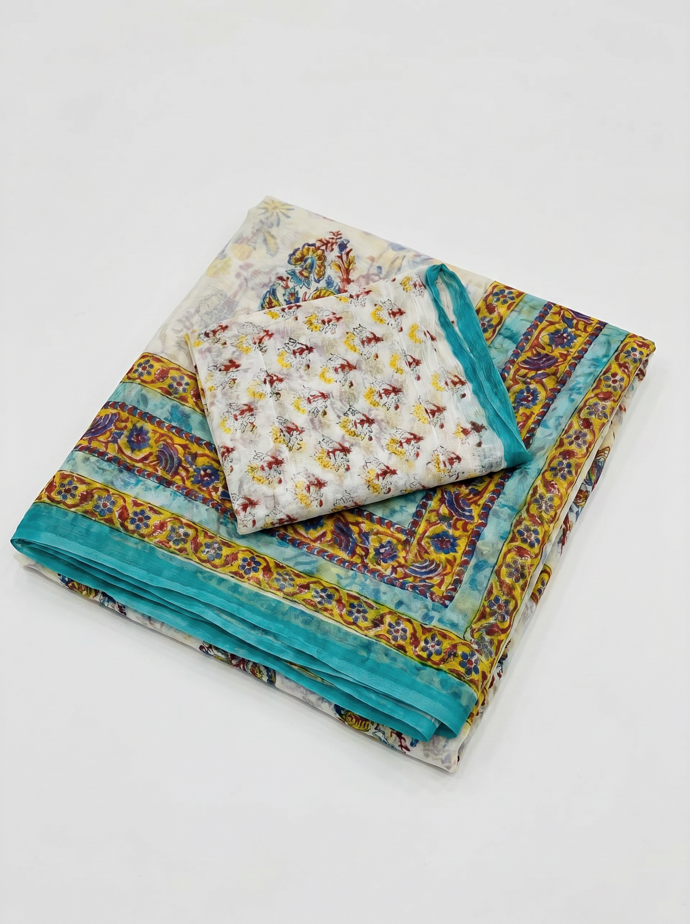 Pure Double Diamond Chiffon Saree | Off White + Teal Blue + Golden Bagru Handblock Ajrakh Golden Zari | Natural Dye | Nazakat image 5