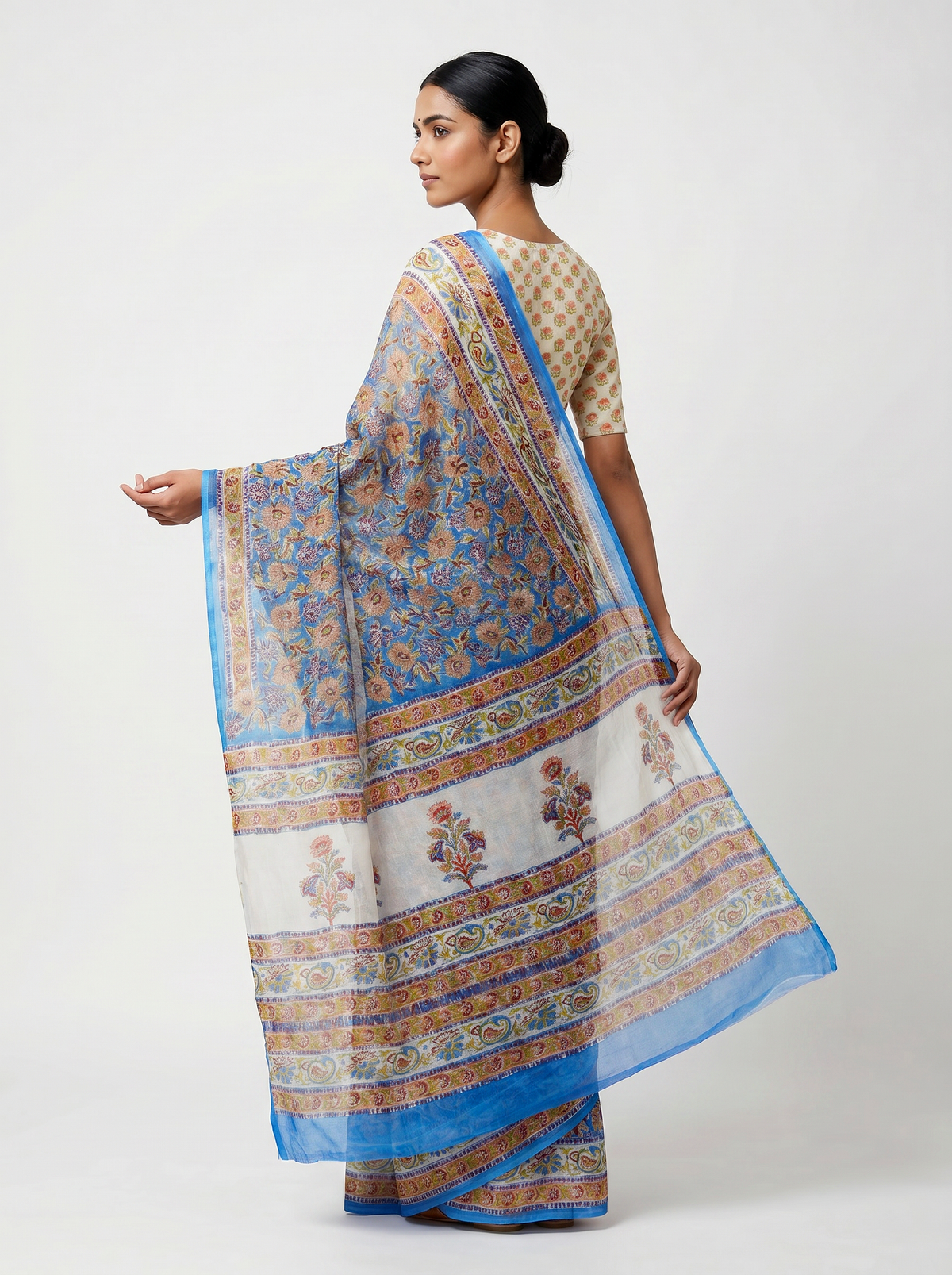 Pure Double Diamond Chiffon Saree | Off White + Silver Grey + Teal Blue + Grey Bagru Handblock Ajrakh Print | Natural Dye | Nazakat image 4