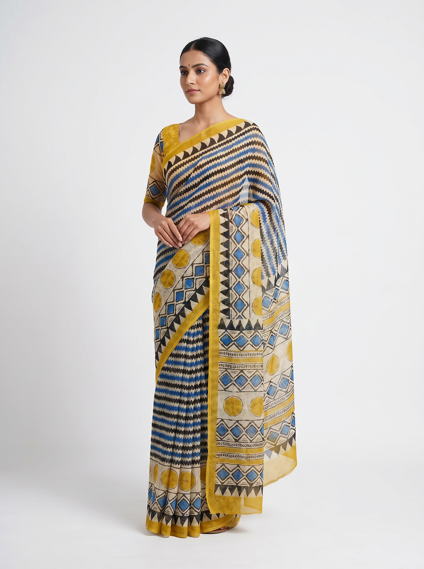 Charcoal Grey + Grey + Turmeric Yellow pure double diamond chiffon saree with Bagru Ajrakh print