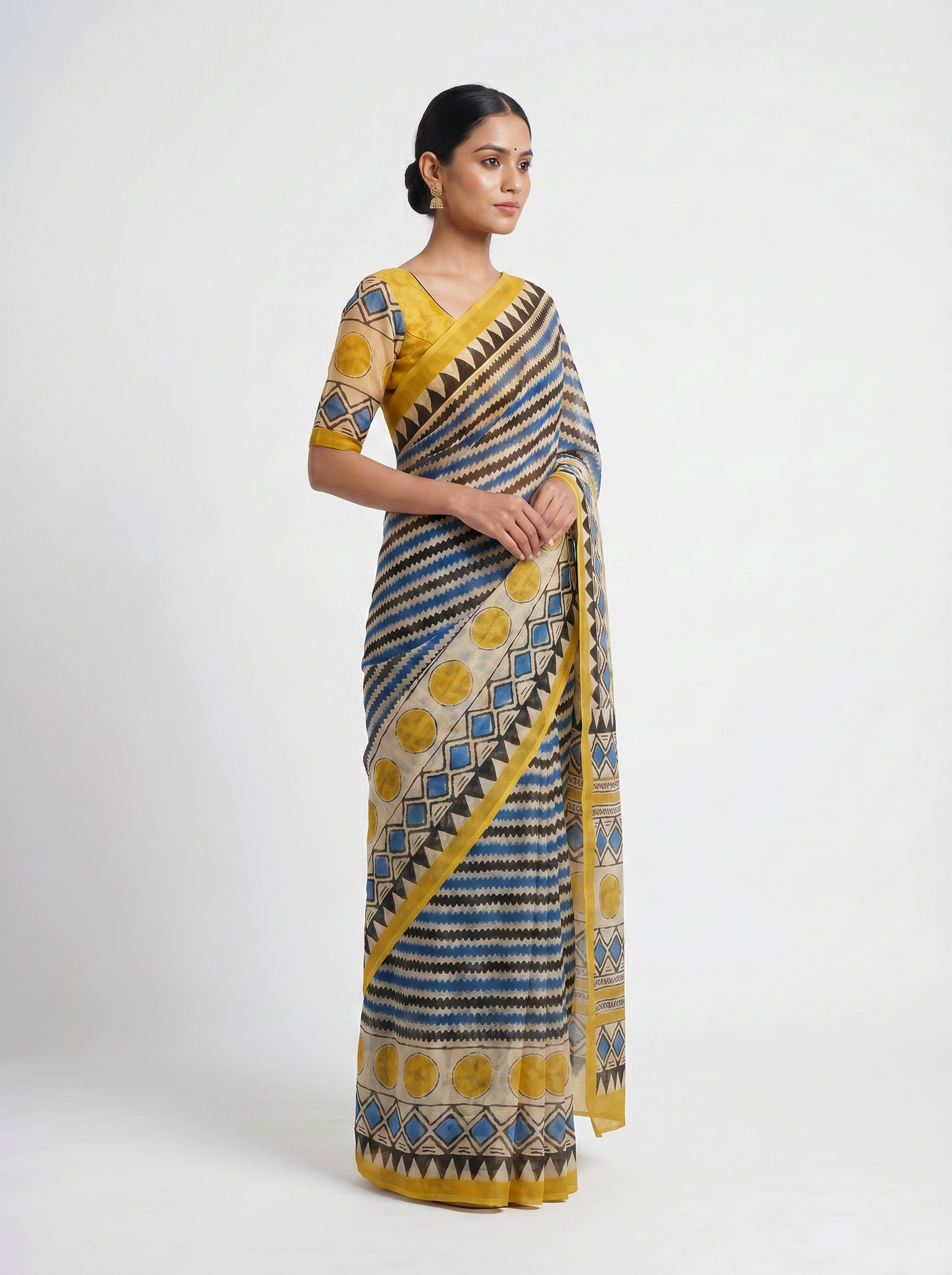 Pure Double Diamond Chiffon Saree | Charcoal Grey + Grey + Turmeric Yellow Bagru Handblock Ajrakh Print | Natural Dye | Nazakat image 2