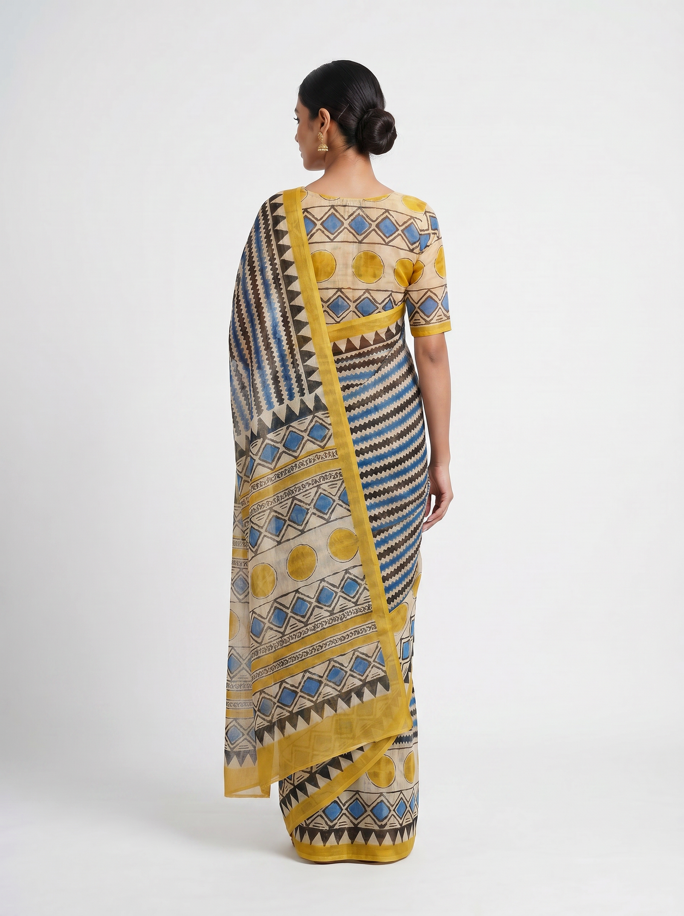 Pure Double Diamond Chiffon Saree | Charcoal Grey + Grey + Turmeric Yellow Bagru Handblock Ajrakh Print | Natural Dye | Nazakat image 3