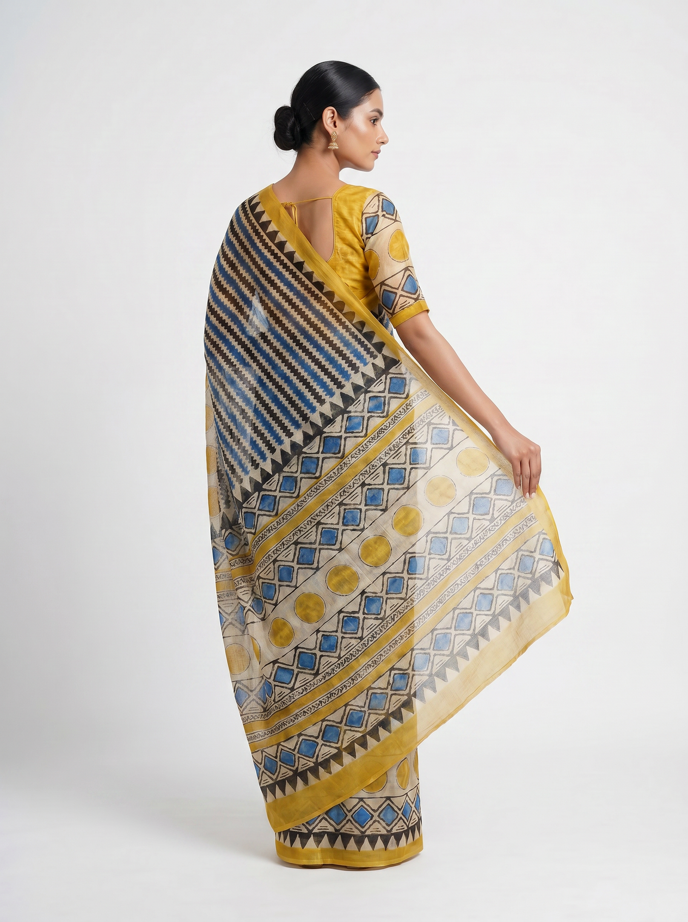 Pure Double Diamond Chiffon Saree | Charcoal Grey + Grey + Turmeric Yellow Bagru Handblock Ajrakh Print | Natural Dye | Nazakat image 4