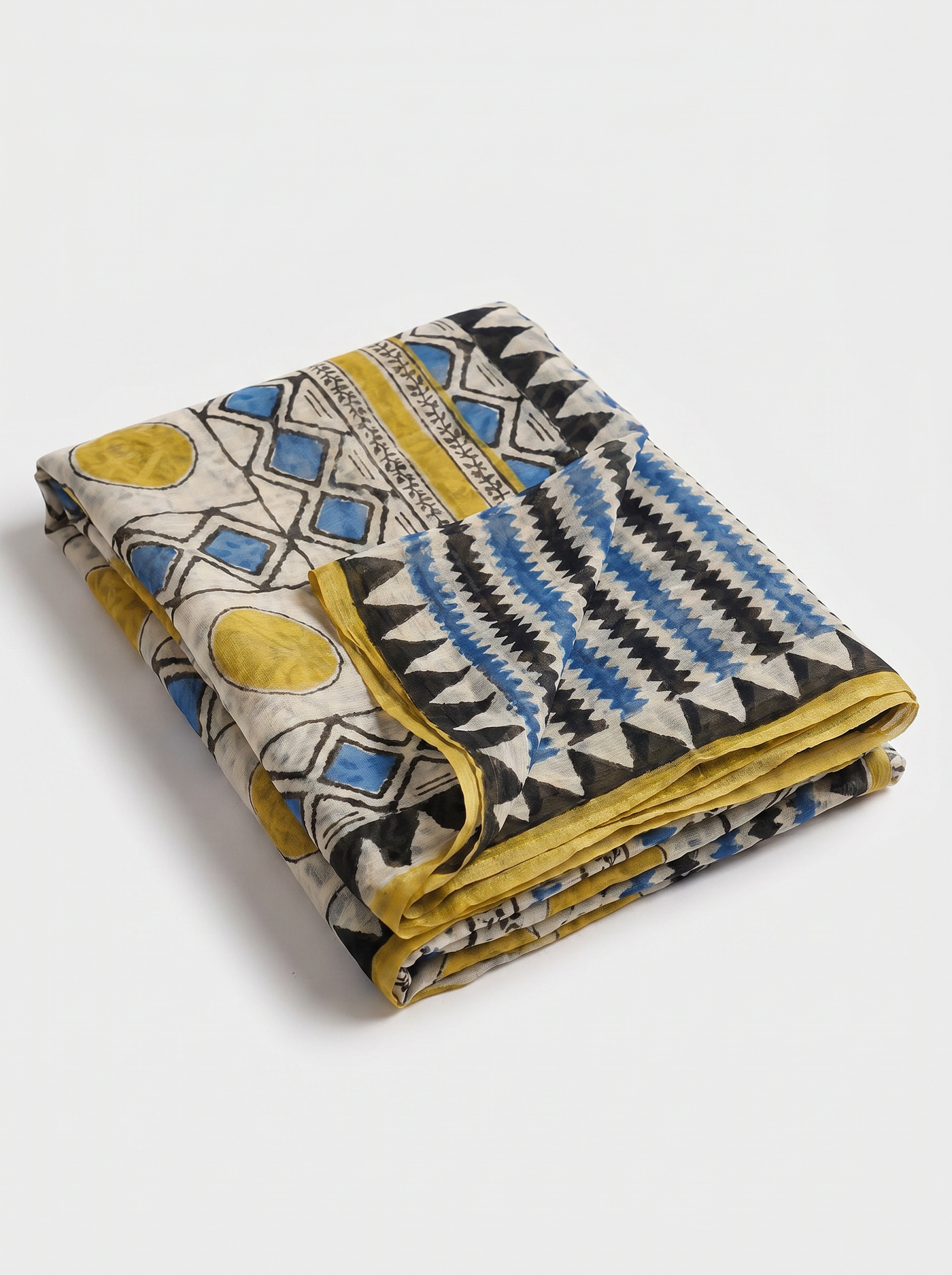 Pure Double Diamond Chiffon Saree | Charcoal Grey + Grey + Turmeric Yellow Bagru Handblock Ajrakh Print | Natural Dye | Nazakat image 5