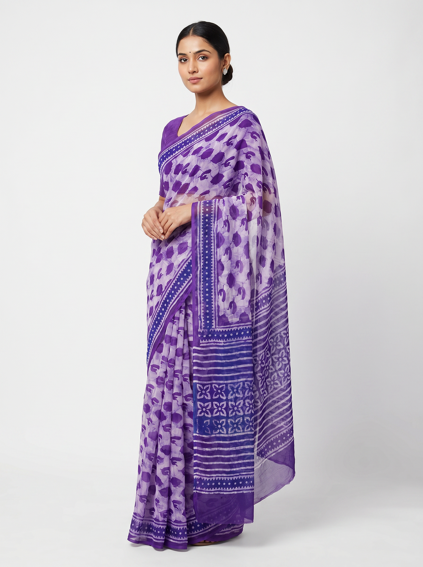 Violet pure double diamond chiffon saree with Bagru Ajrakh print