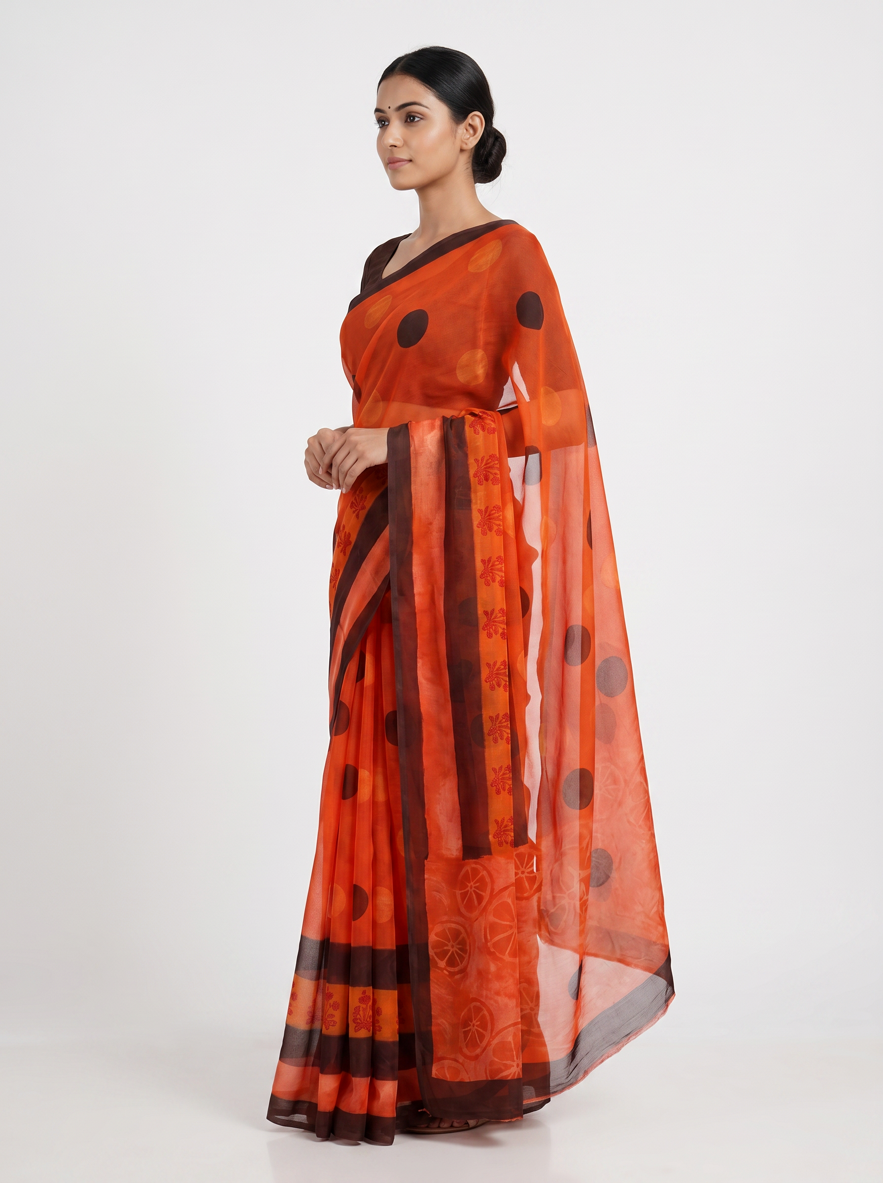 Pure Double Diamond Chiffon Saree | Burnt Orange + Wine Bagru Handblock Ajrakh Print | Natural Dye | Nazakat image 2