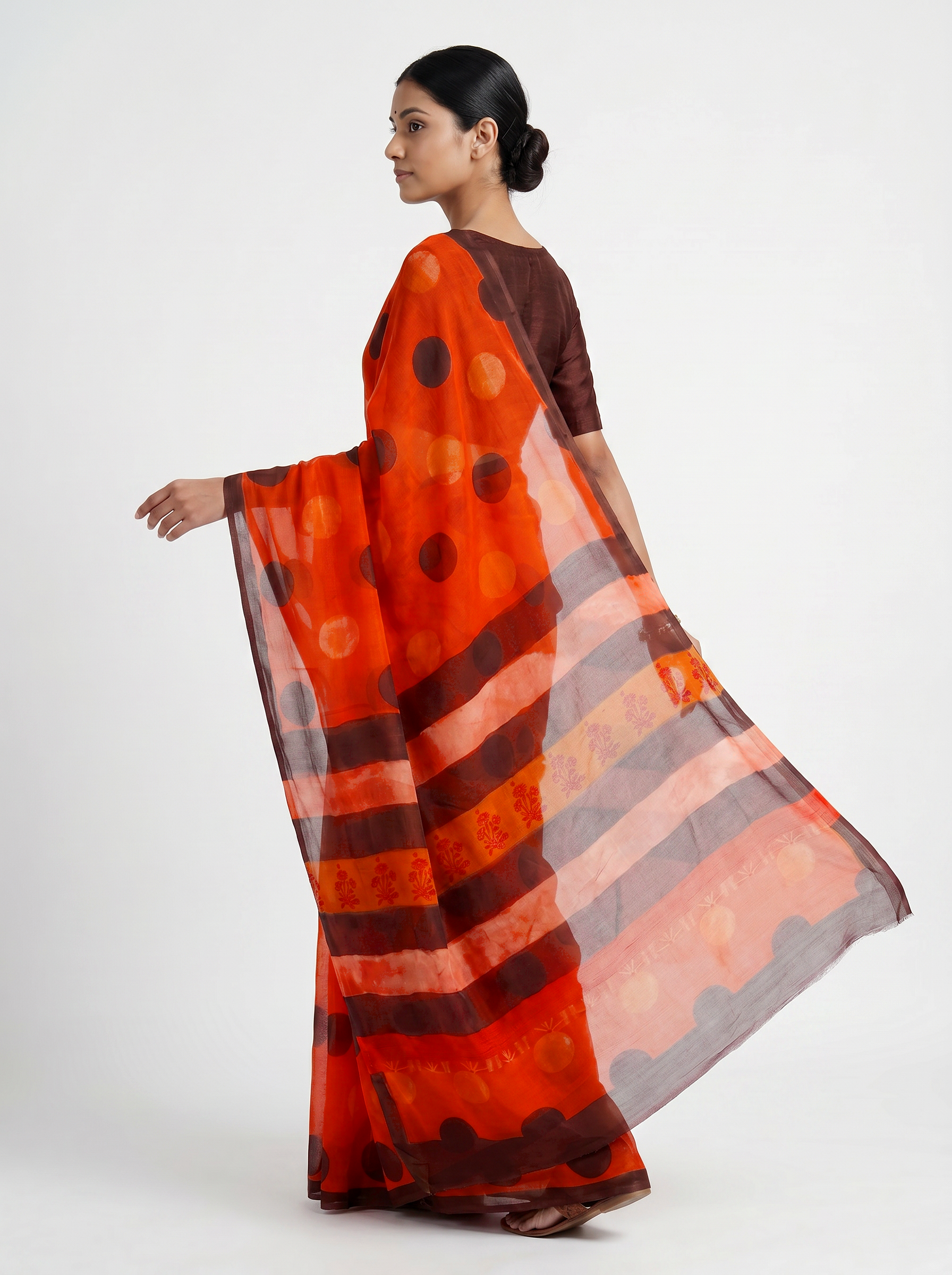 Pure Double Diamond Chiffon Saree | Burnt Orange + Wine Bagru Handblock Ajrakh Print | Natural Dye | Nazakat image 4