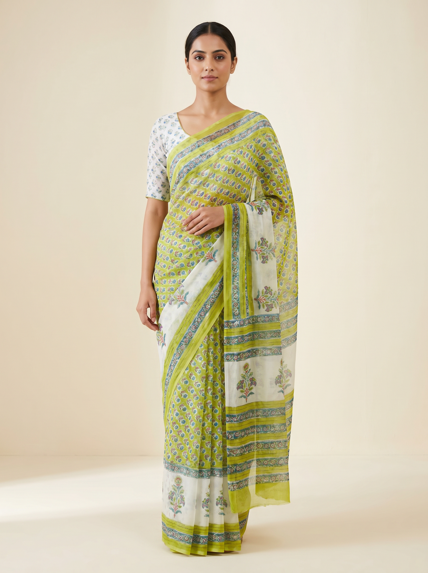 Assorted pure double diamond chiffon saree with Bagru Ajrakh print