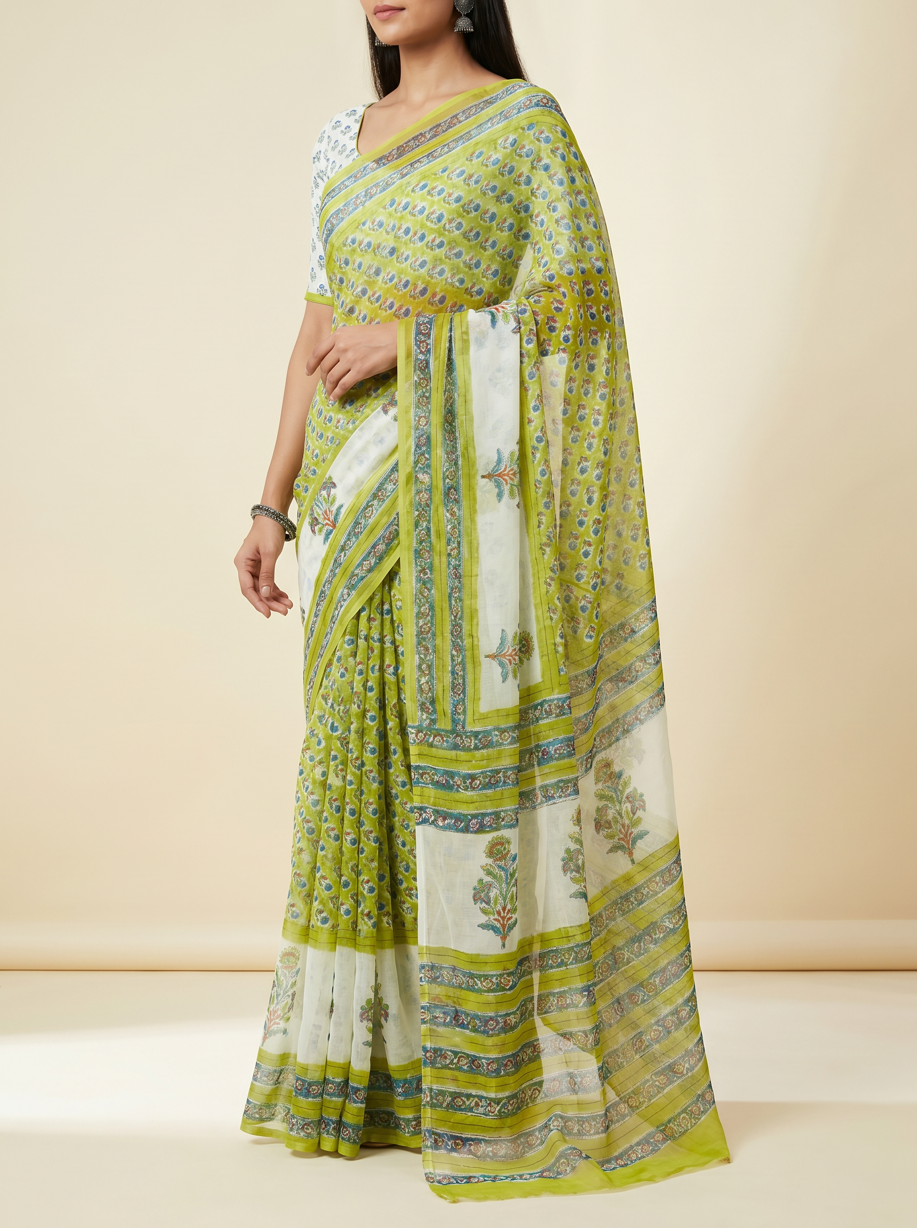 Pure Double Diamond Chiffon Saree | Bagru Handblock Ajrakh Print | Natural Anar Chilka Dye | With Printed Blouse
