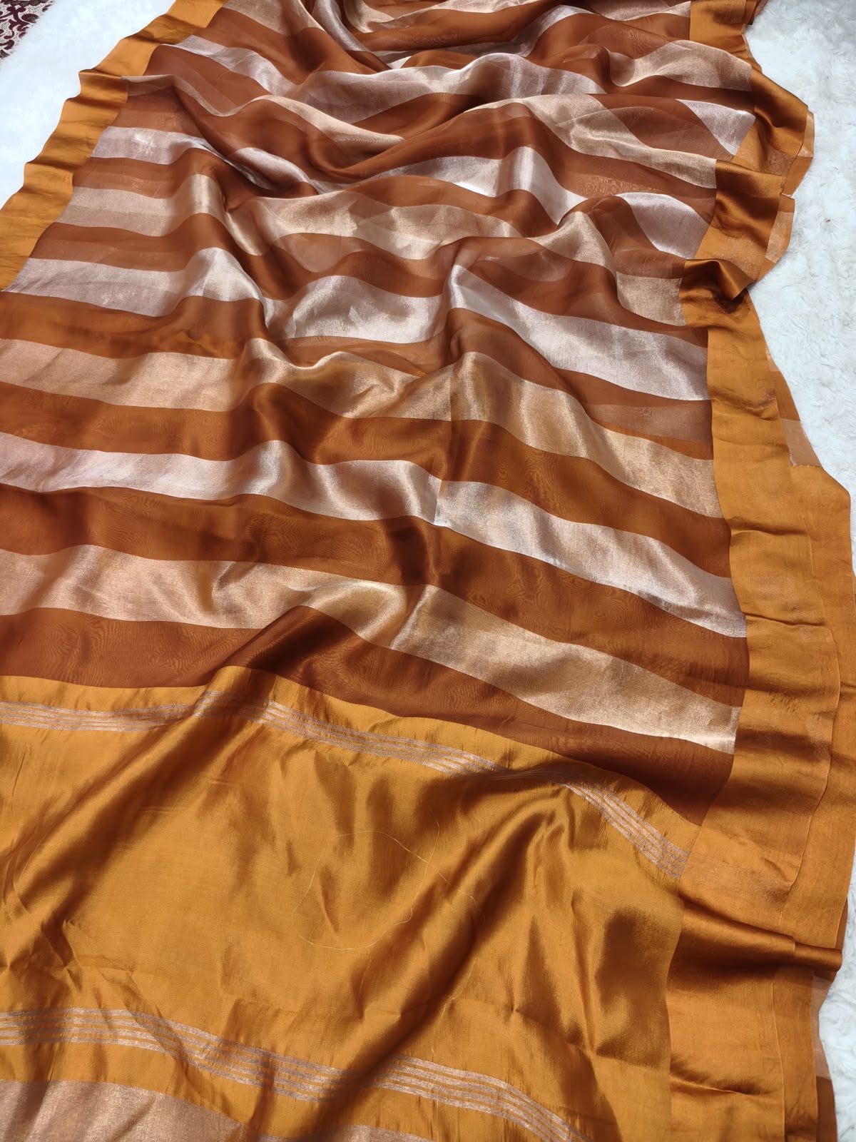 Pure Katan Tissue Silk Saree with Golden Stripe - Brick Red & Gold fabric detail