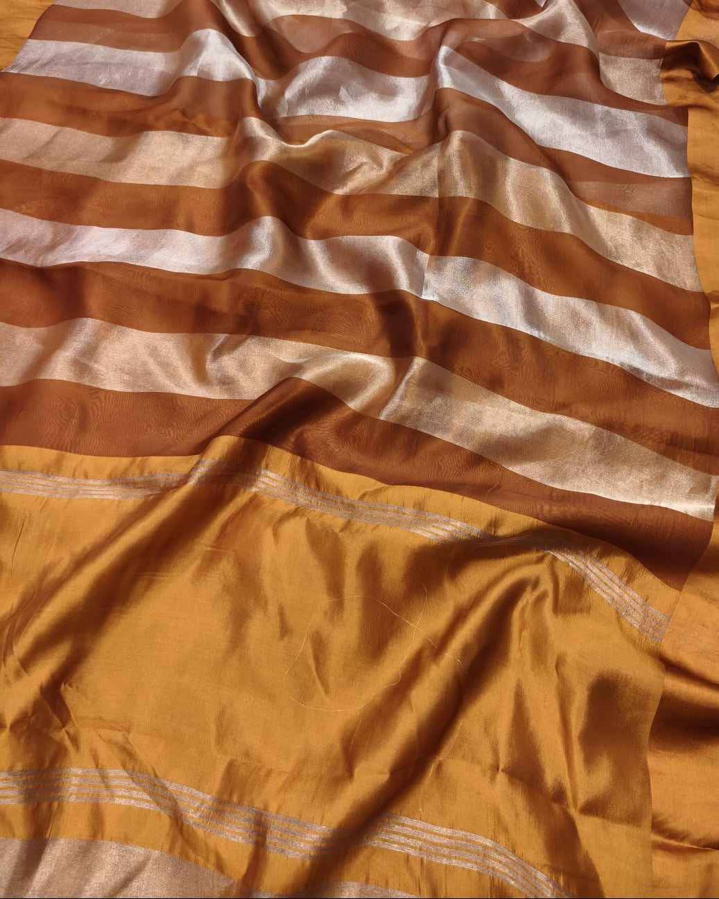 Pure Katan Tissue Silk Saree with Golden Stripe - Brick Red & Gold fabric detail