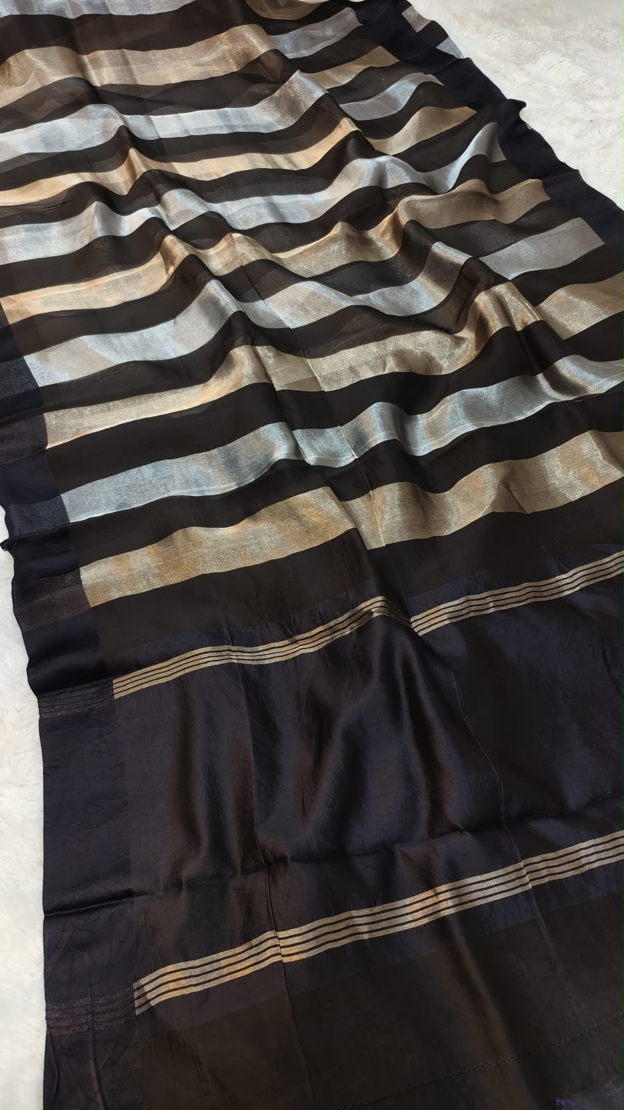 Pure Katan Tissue Silk Saree with Golden Stripe - Charcoal Grey & Gold fabric detail