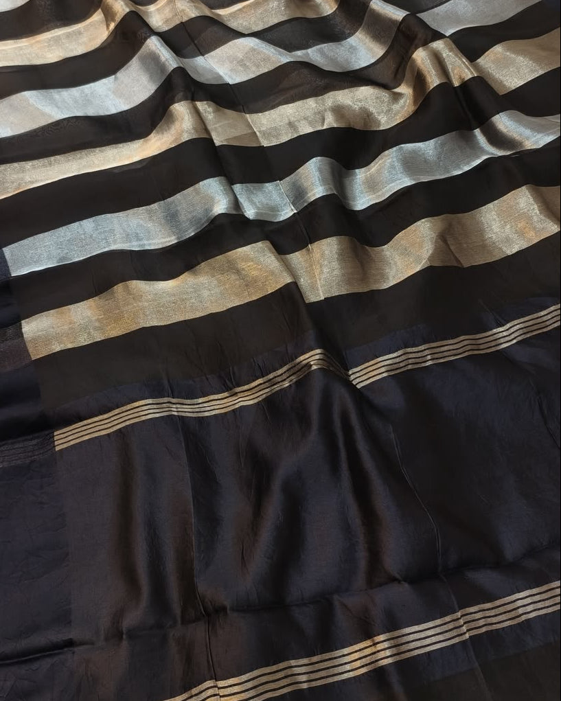 Pure Katan Tissue Silk Saree with Golden Stripe - Charcoal Grey & Gold fabric detail