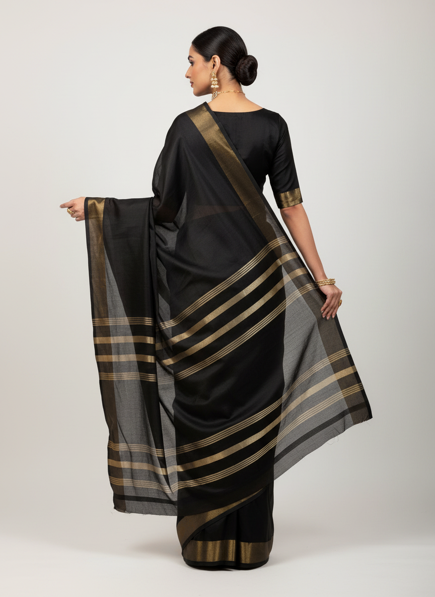 Pure Katan Tissue Silk Saree with Golden Stripe - Charcoal Grey & Gold pallu view