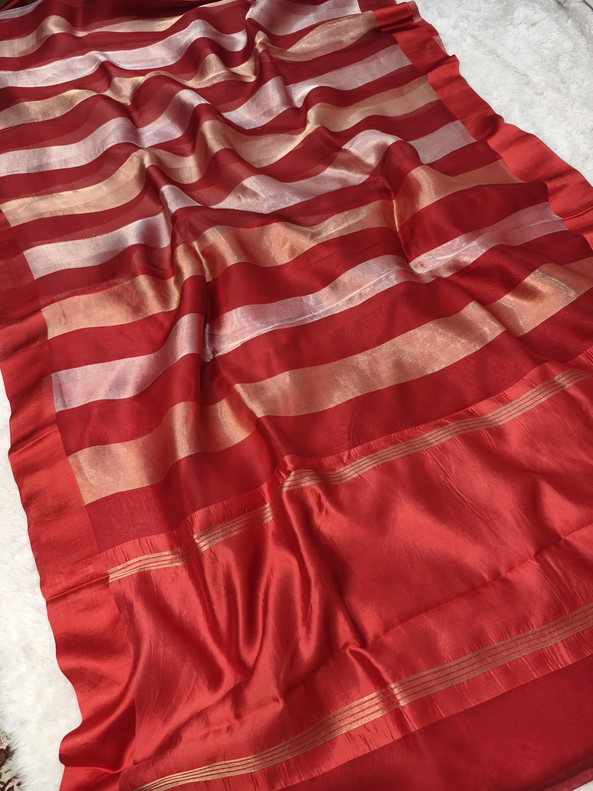 Pure Katan Tissue Silk Saree with Golden Stripe - Crimson Red & Gold fabric detail