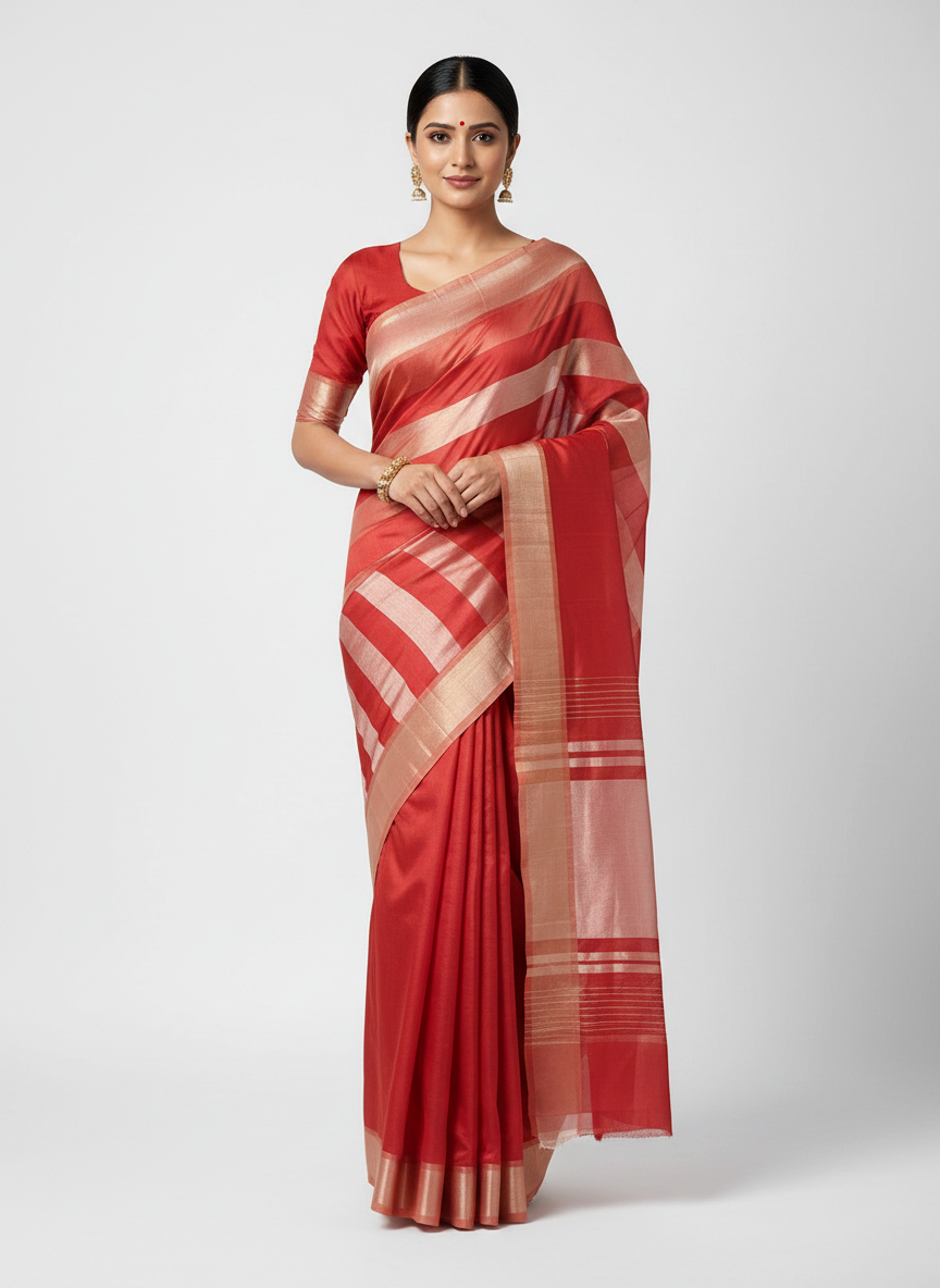 Pure Katan Tissue Silk Saree with Golden Stripe - Crimson Red & Gold front view
