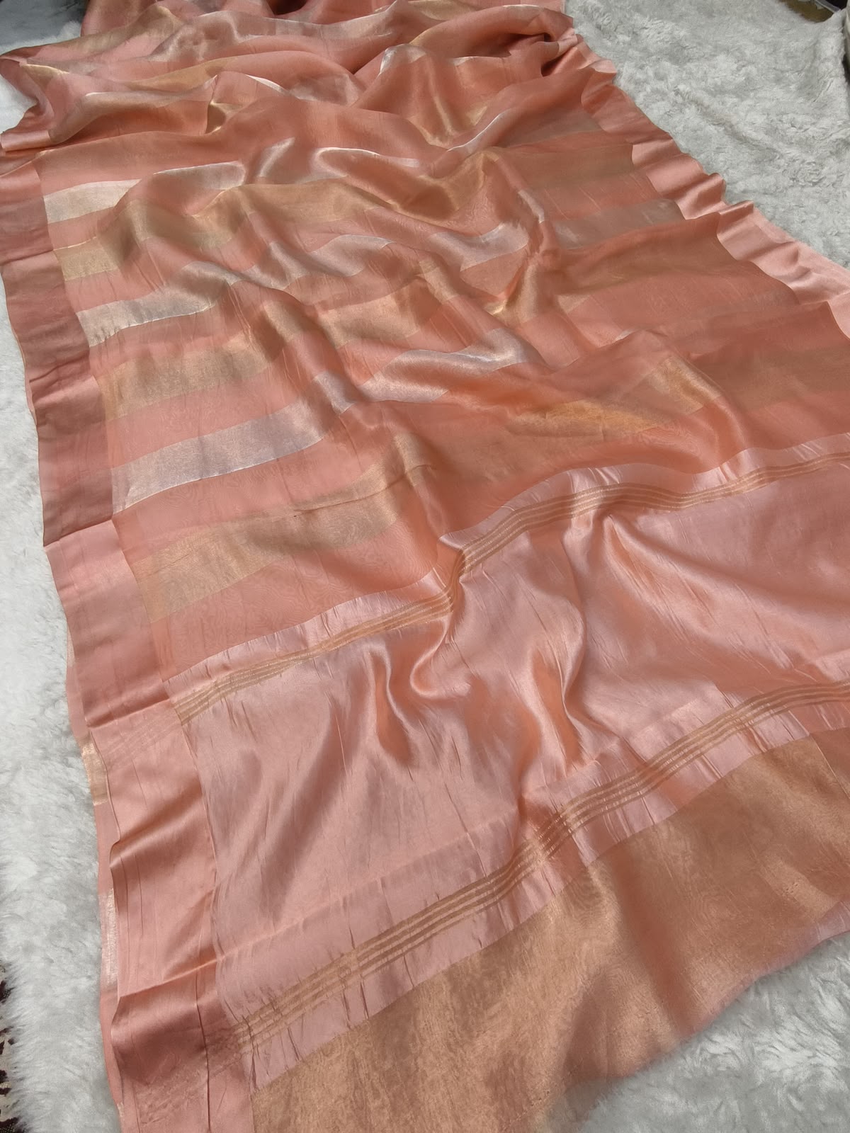 Pure Katan Tissue Silk Saree with Golden Stripe - Deep Red & Gold fabric detail