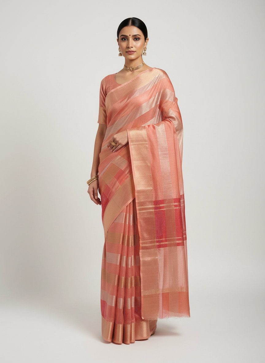 Pure Katan Tissue Silk Saree with Golden Stripe - Deep Red & Gold front view