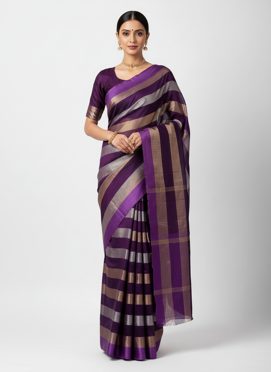 Pure Katan Tissue Silk Saree with Golden Stripe - Plum Purple & Gold front view