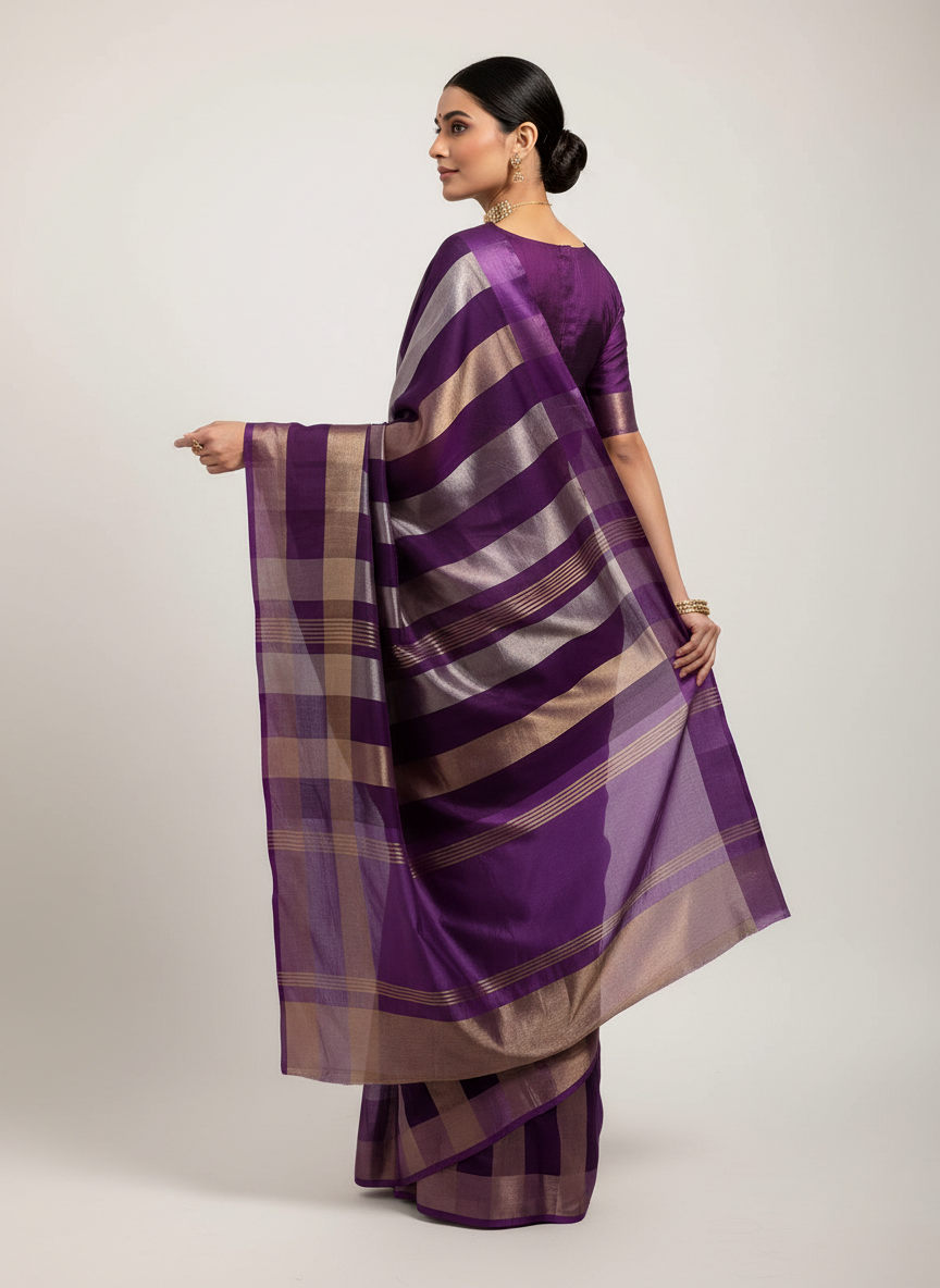 Pure Katan Tissue Silk Saree with Golden Stripe - Plum Purple & Gold pallu view