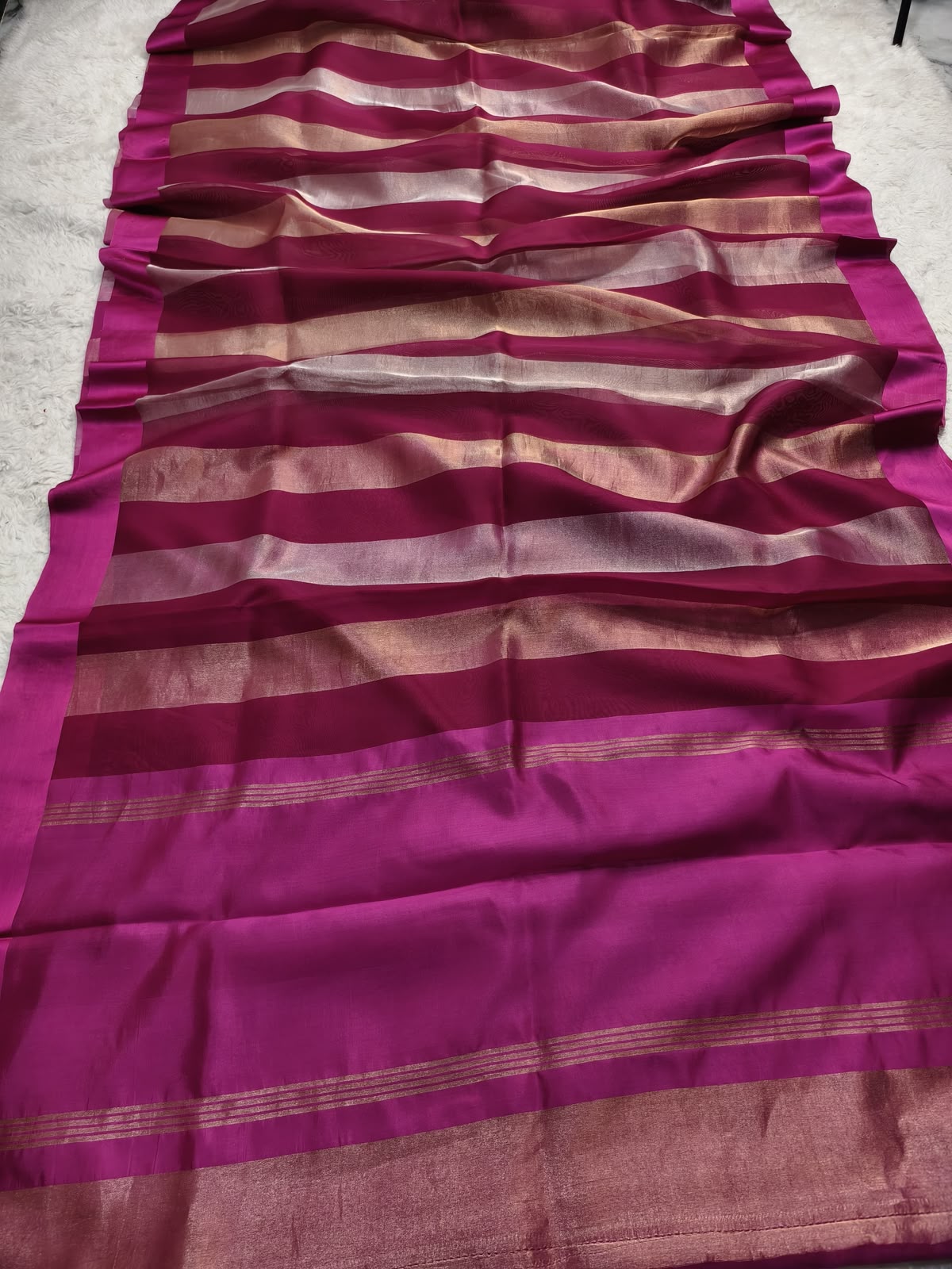Pure Katan Tissue Silk Saree with Golden Stripe - Rose Pink & Gold fabric detail