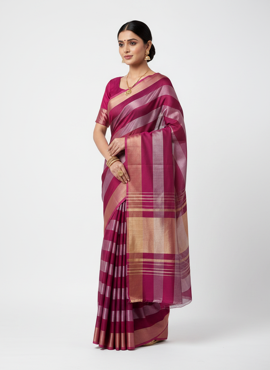 Pure Katan Tissue Silk Saree with Golden Stripe - Rose Pink & Gold front view