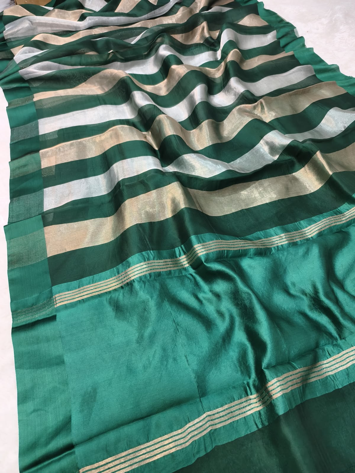 Pure Katan Tissue Silk Saree with Golden Stripe - Teal Blue & Gold fabric detail