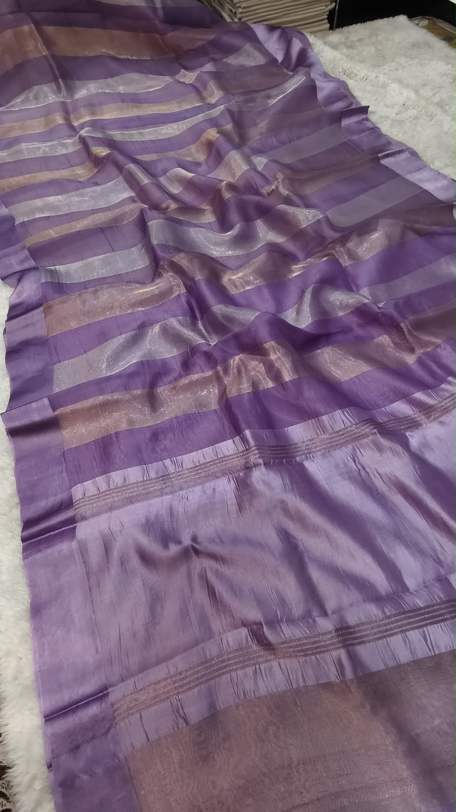 Pure Katan Tissue Silk Saree with Golden Stripe - Violet Purple & Gold fabric detail