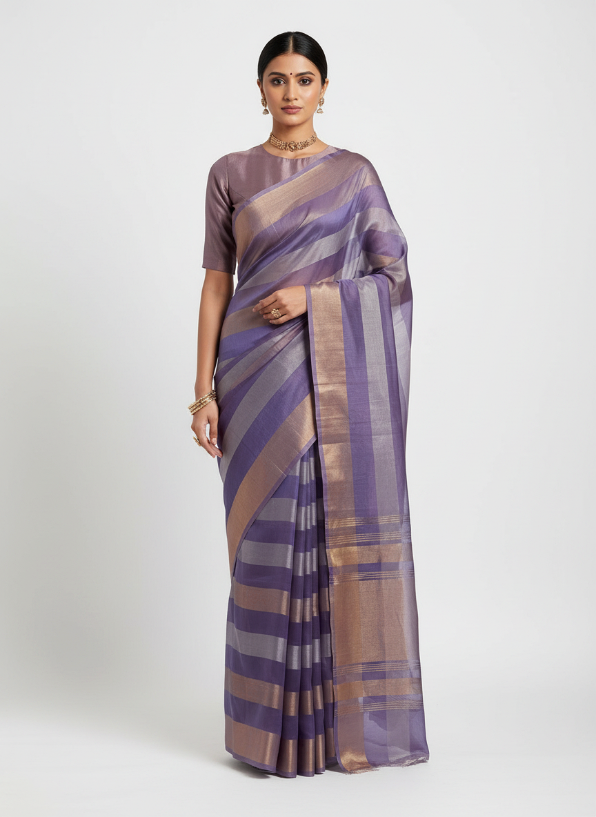 Pure Katan Tissue Silk Saree with Golden Stripe - Violet Purple & Gold front view