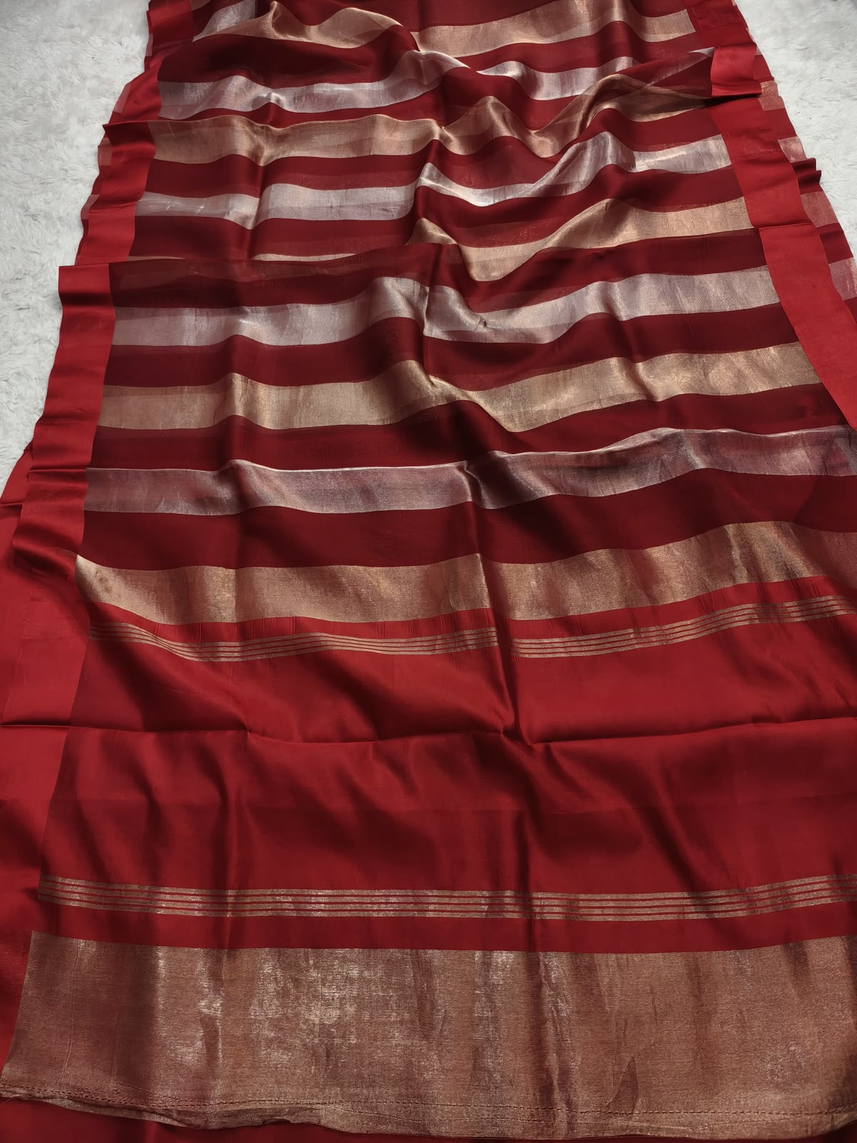 Pure Katan Tissue Silk Saree with Golden Stripe - Wine & Gold fabric detail