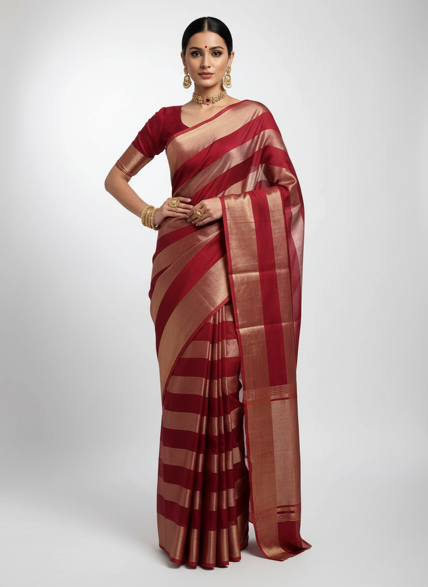 Pure Katan Tissue Silk Saree with Golden Stripe - Wine & Gold front view