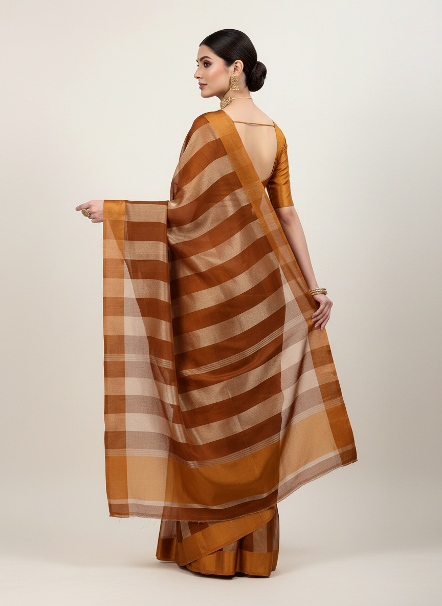 Pure Katan Tissue Silk Saree with Golden Stripe - Brick Red & Gold pallu view
